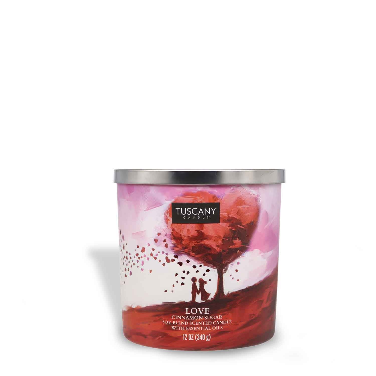 A passionate Love Scented Jar Candle (12 oz) - Carried Away Collection  in a fiery red Tuscany Candle® SEASONAL container.