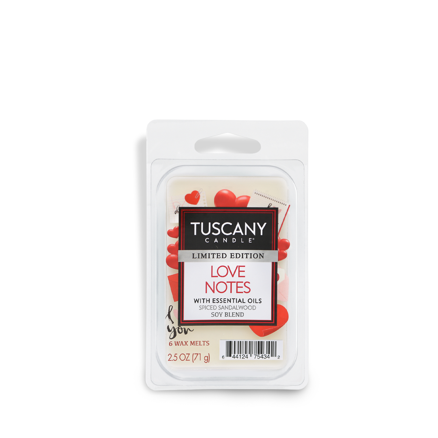 The Valentine's Day edition of the Tuscany Candle® SEASONAL "Love Notes" features heart-shaped wax melts, each weighing 2.5 oz, with a delightful sandalwood scent, ideal for creating a warm and romantic atmosphere.