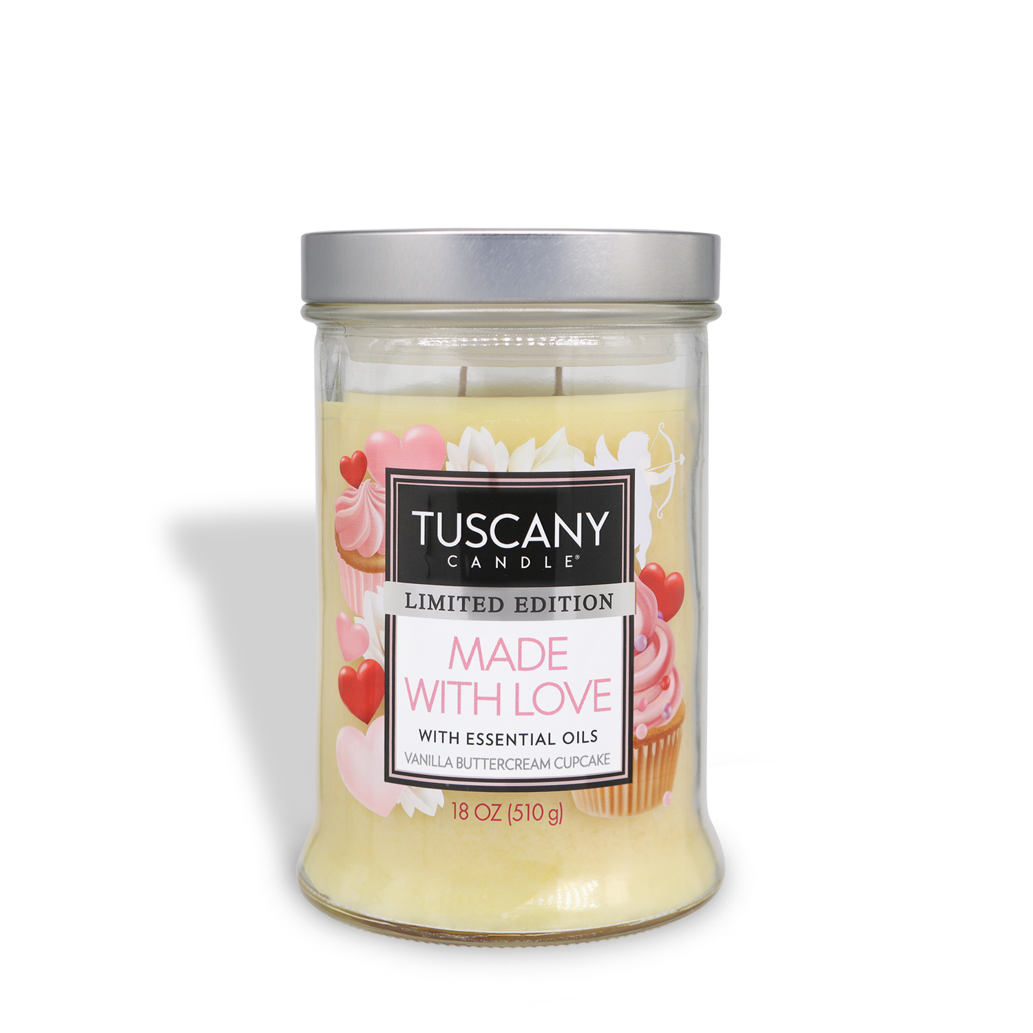 The Tuscany Candle® SEASONAL presents the "Made With Love: Vanilla Scented Valentine’s Day Candle" in an 18 oz jar, offering the delightful essence of vanilla cake and buttercream frosting, enriched with essential oils. It's perfect for creating a warm and inviting ambiance this Valentine's season.