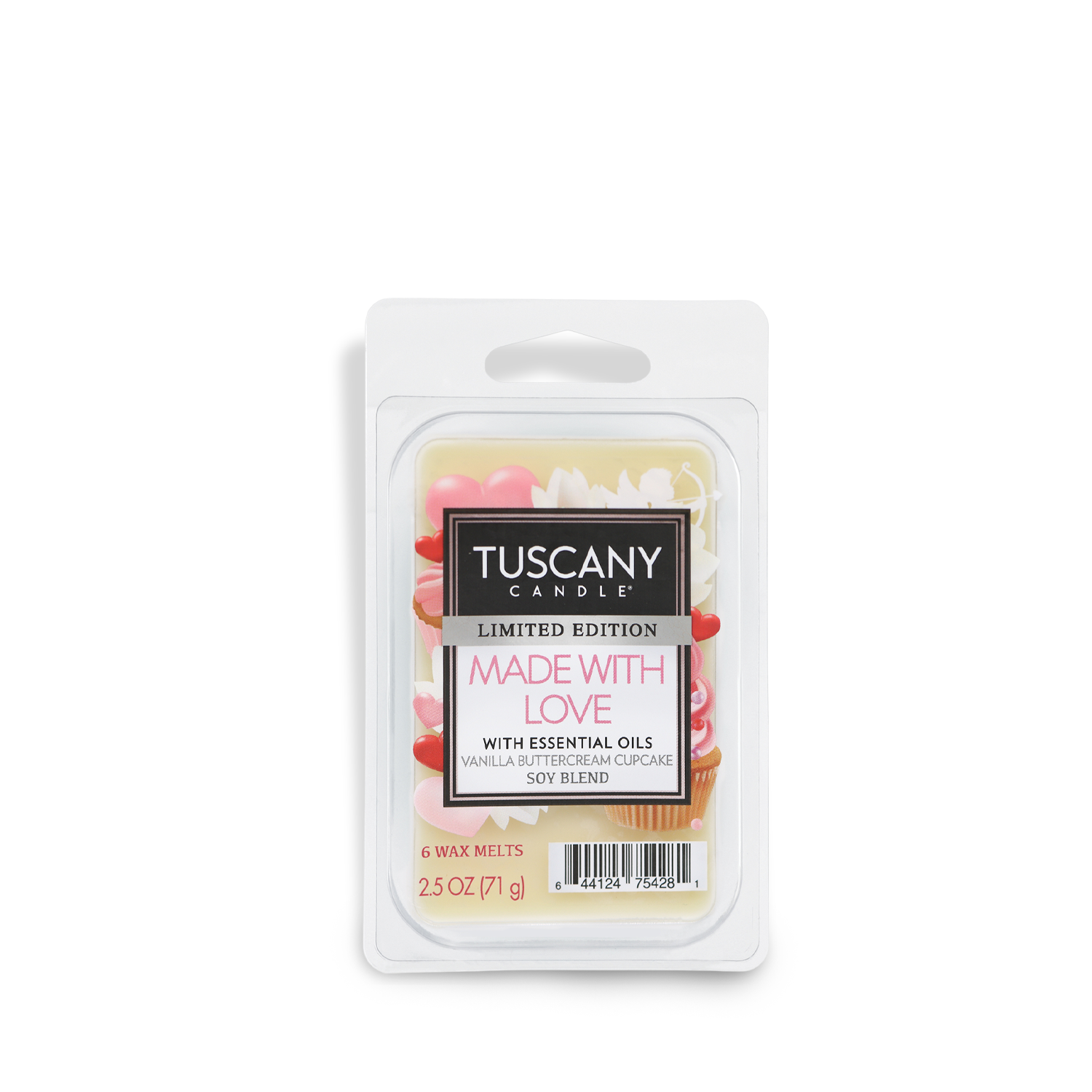 Introducing the "Made With Love: Vanilla Scented Valentine’s Wax Melt" by Tuscany Candle® SEASONAL. This delightful 2.5 oz (71 g) wax melt offers a captivating vanilla buttercream cupcake aroma, perfect for celebrating Valentine's Day.