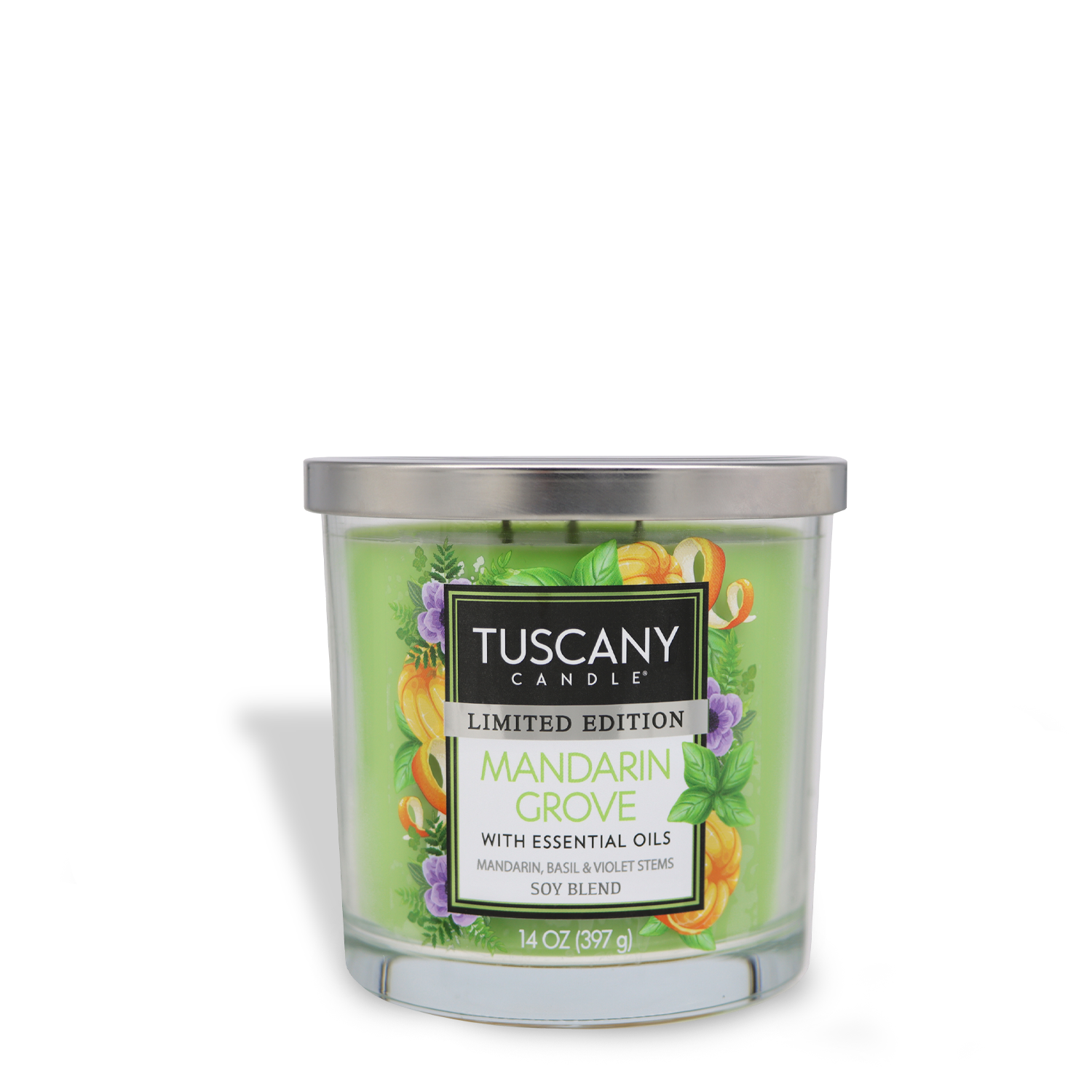 A 14 oz Tuscany Candle® SEASONAL, labeled "Mandarin Grove: Citrus & Basil Scented Spring Candle," features a soy blend with mandarin, basil, and violet essential oils. The jar has a silver lid and green background adorned with fruit and leaves.