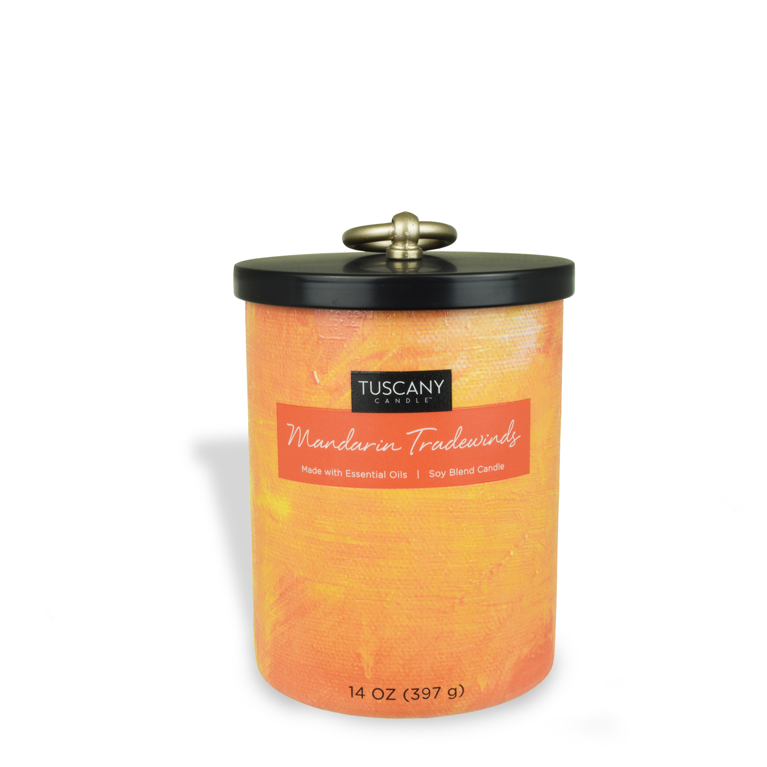 A Tuscany Candle tin container with orange paint on it, perfect for holding Mandarin Tradewinds Scented Jar Candle (14 oz) from the Home Décor Collection and creating a fragrant ambiance.