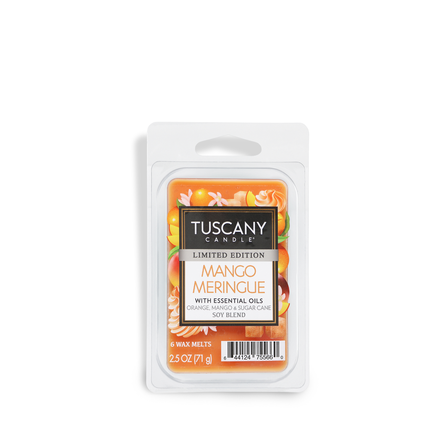 Tuscany Candle® SEASONAL's Mango Meringue melt, with sweet orange essential oils, includes six 2.5 oz wax melts.