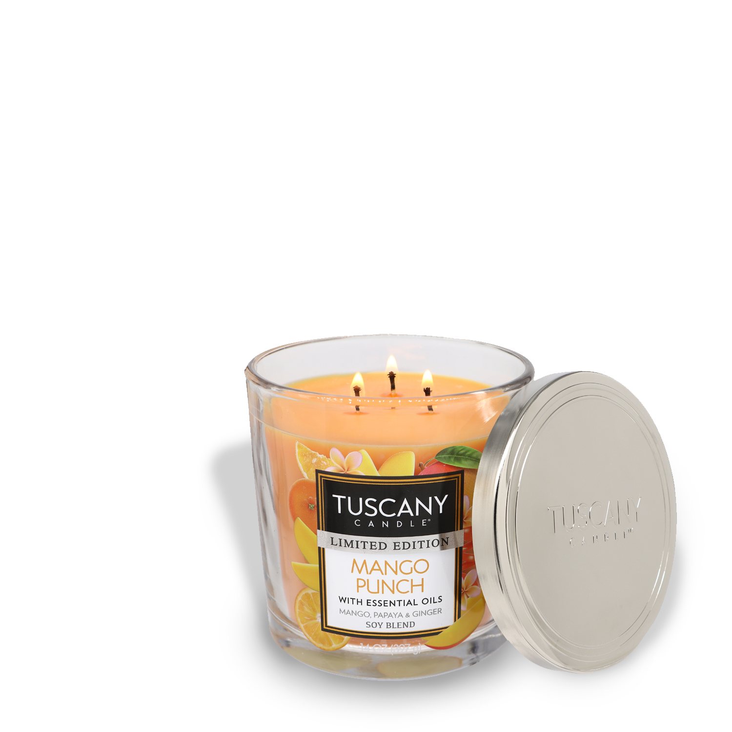 A Tuscany Candle® SEASONAL Mango Punch Long-Lasting Scented Jar Candle (14 oz) with three wicks and a lid set aside.
