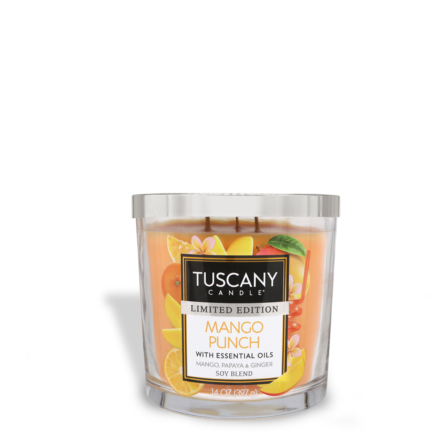 Scented candle in a glass jar with a "Mango Punch Long-Lasting Scented Jar Candle (14 oz)" fragrance label from Tuscany Candle® SEASONAL.