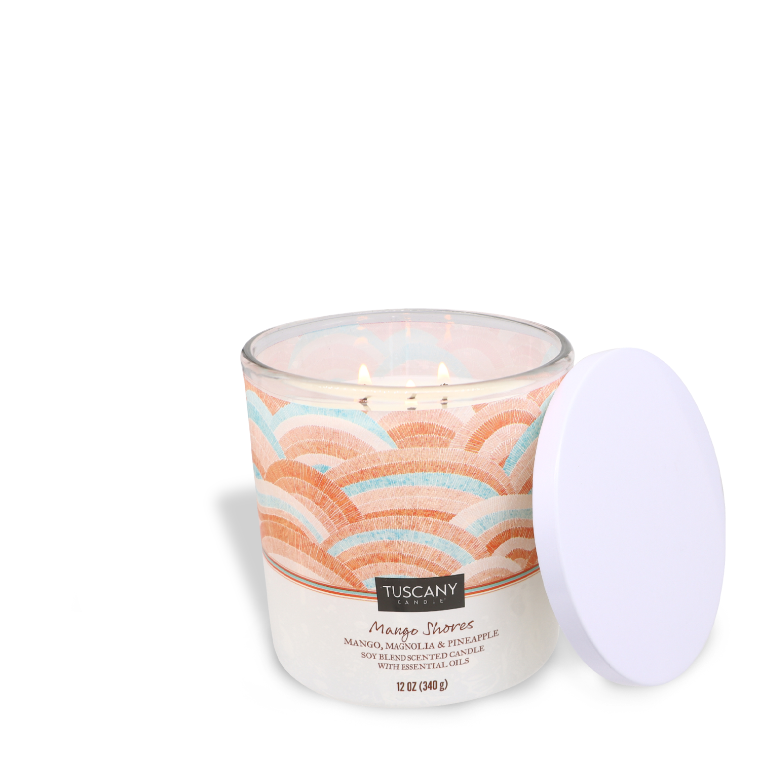 A lit scented candle with a Mango Shores (12 oz) – Island Retreat Collection fragrance, isolated on a white background by Tuscany Candle® SEASONAL.