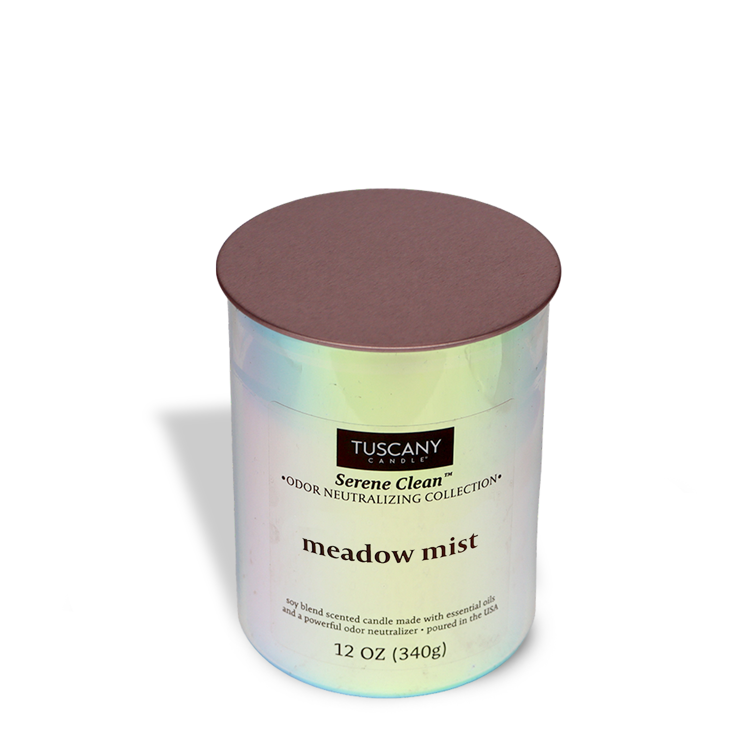 The Meadow Mist Scented Jar Candle (12 oz) from the Serene Clean Collection by Tuscany Candle® EVD is a round container with a brown lid, labeled "Tuscany Candle," "Serene Clean," and "Meadow Mist." This 340g candle offers effective odor control.