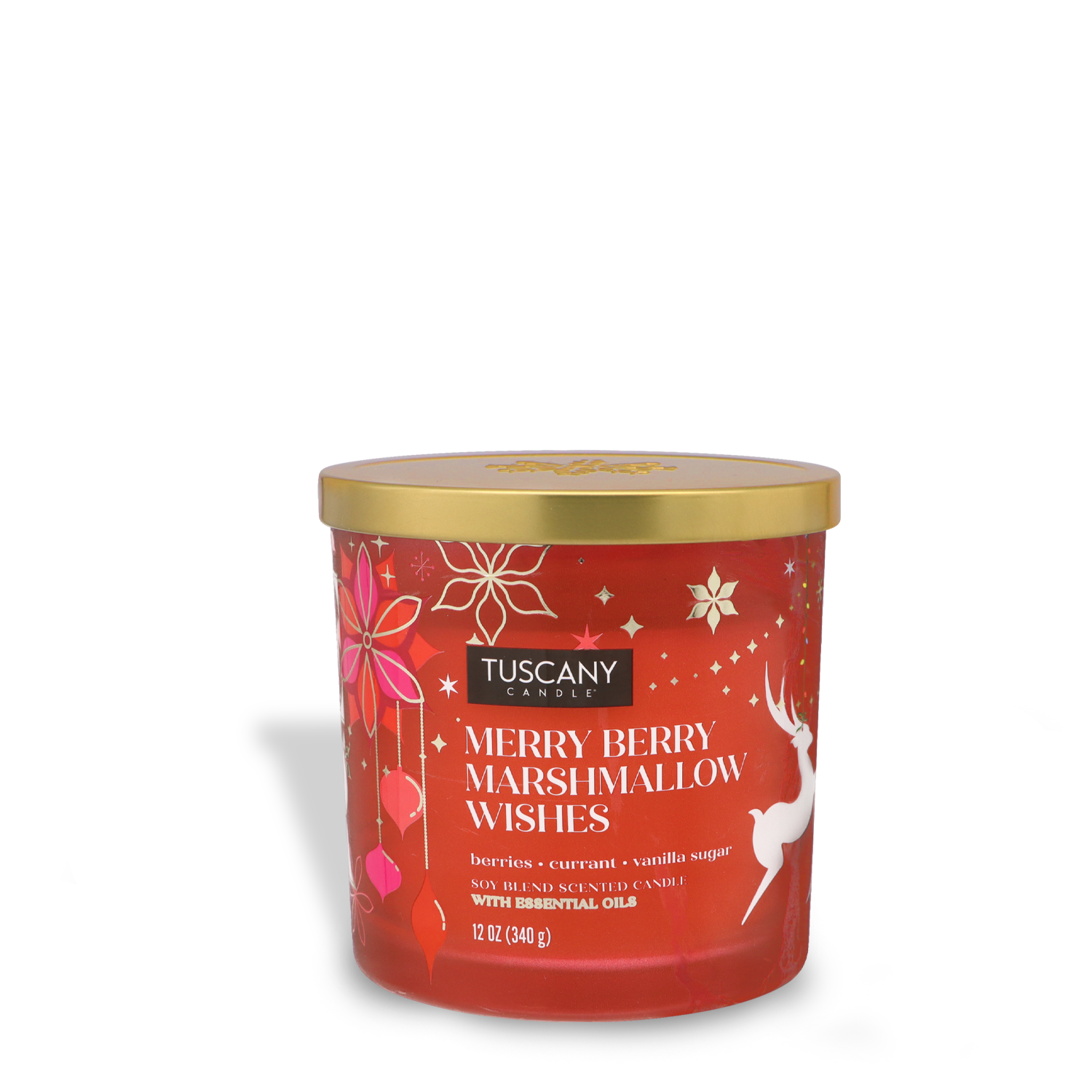 Tuscany Candle® SEASONAL's "Merry Berry Marshmallow Wishes" Scented Jar Candle features a red design adorned with stars and a reindeer, complemented by a gold lid. The fragrance is a delightful blend of berries, currant, and vanilla sugar with essential oils. The candle weighs 12 oz (340 g).