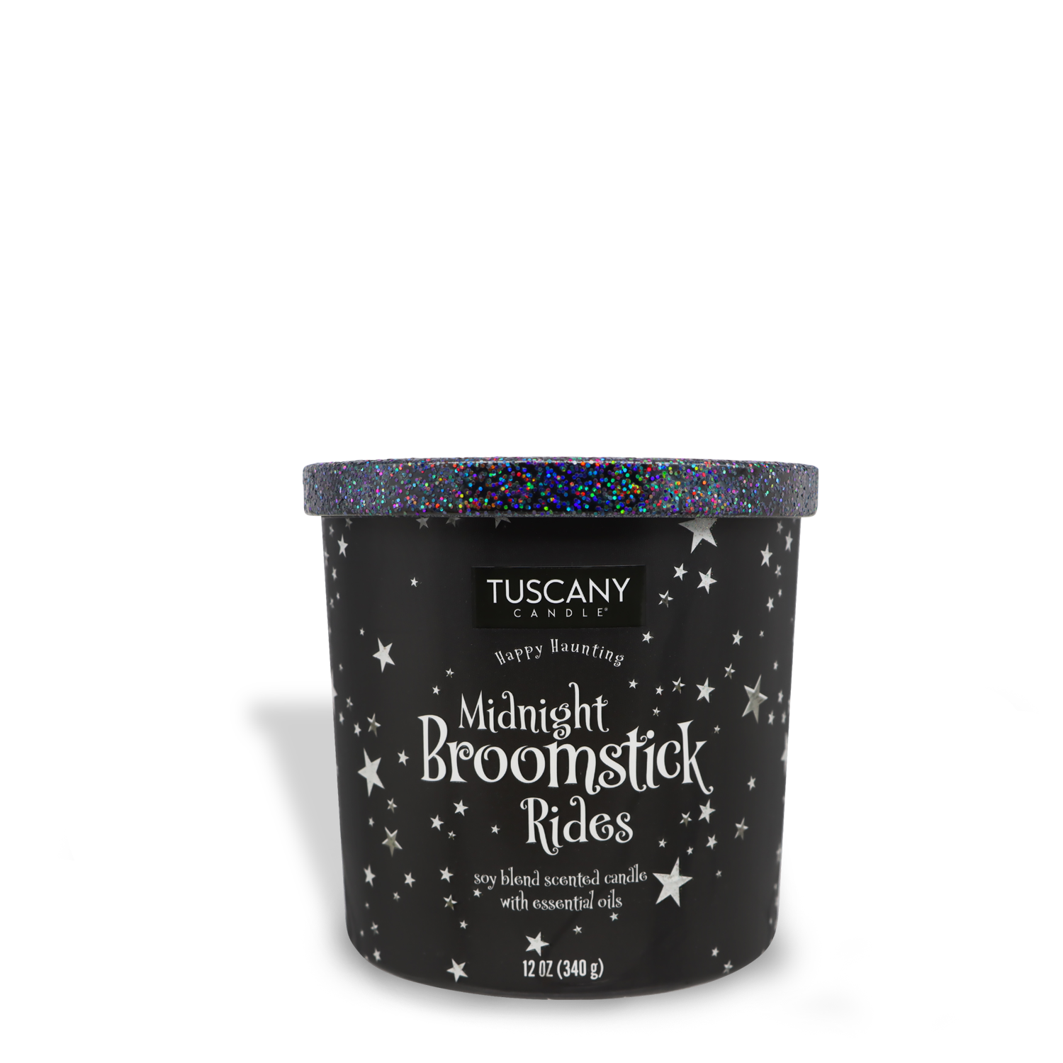 A black Tuscany Candle® SEASONAL soy blend scented jar candle with three wicks and a glittery lid labeled "Midnight Broomstick Rides Long-Lasting Scented Jar Candle (12 oz)" featuring star decorations. Candle size: 12 oz (340 g).