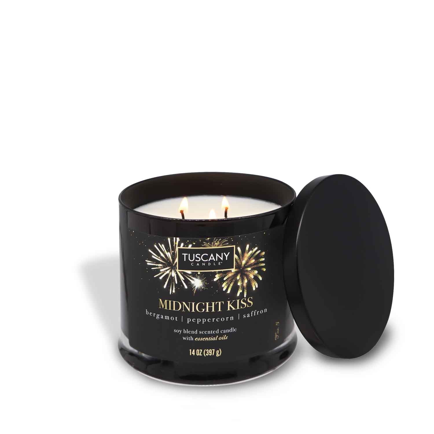 Elegant 'Midnight Kiss' candle in its glossy black jar, radiating the luxurious scents of Bergamot, Pink Peppercorn, and Saffron, complemented by a chic New Year's Eve label.