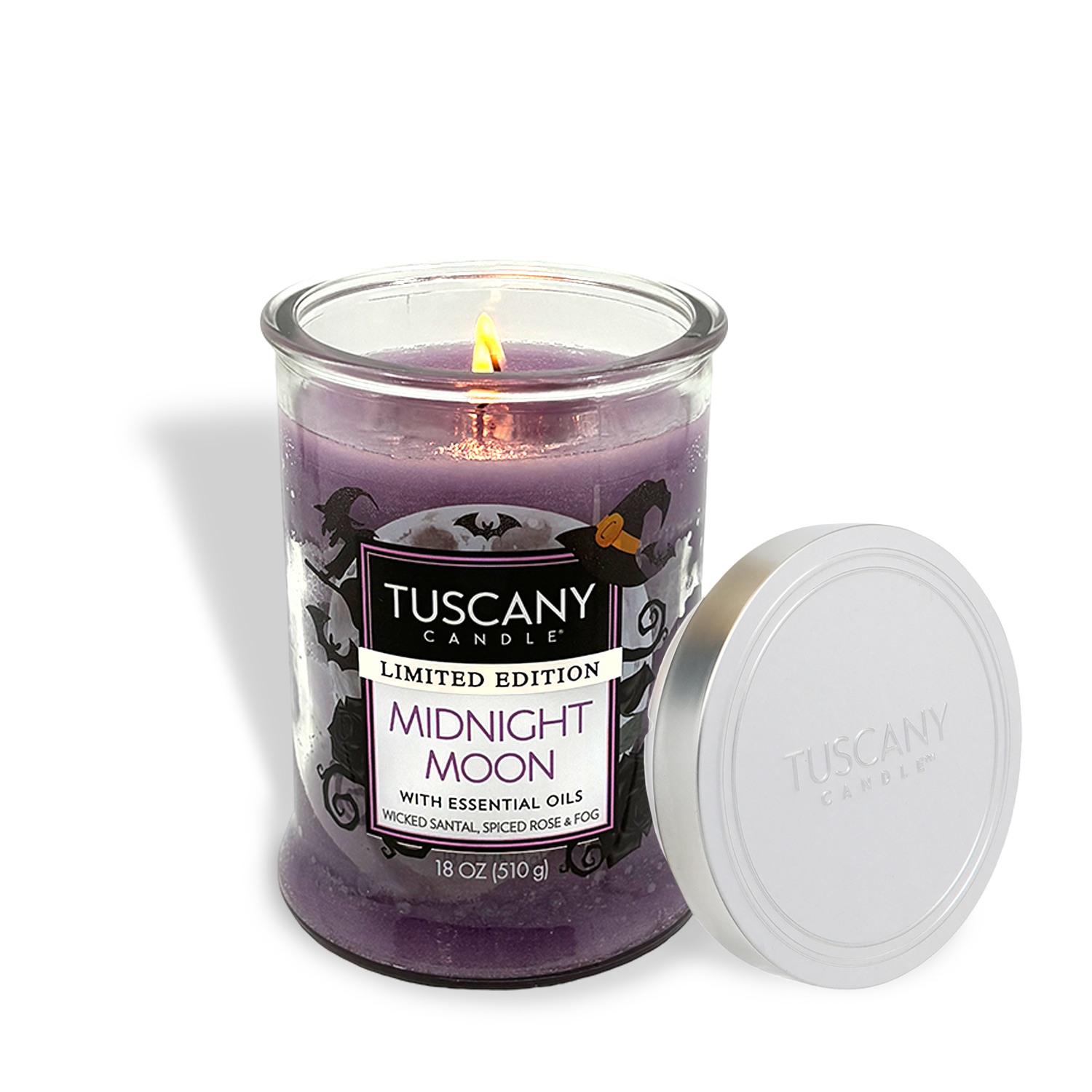 A lit Tuscany Candle® SEASONAL "Midnight Moon: Wicked Santal & Spiced Rose" Halloween candle (18 oz) with purple wax in a clear jar and a white lid creates a cozy, mysterious vibe—perfect for Halloween.