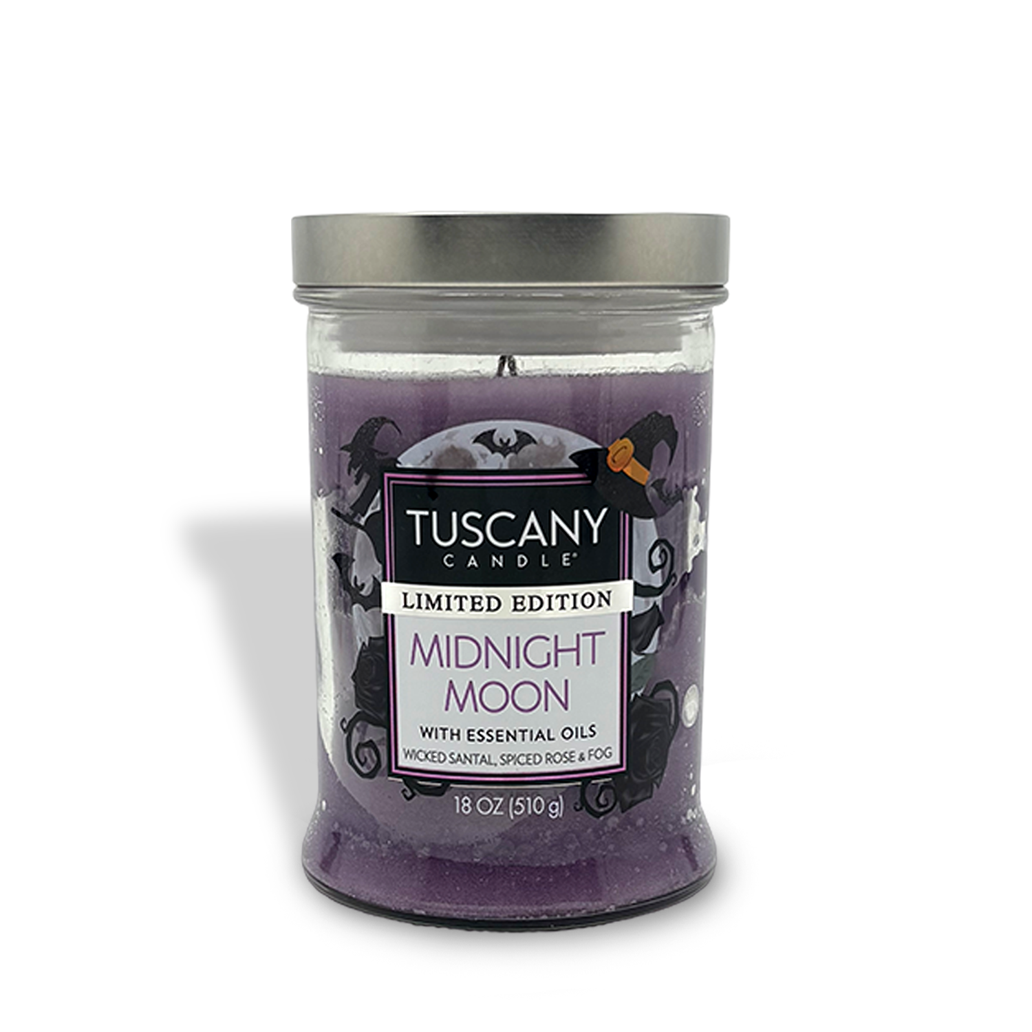 An 18 oz Tuscany Candle® SEASONAL Midnight Moon: Wicked Santal & Spiced Rose Halloween candle with a silver lid and purple wax, infused with essential oils and hints of spiced rose.