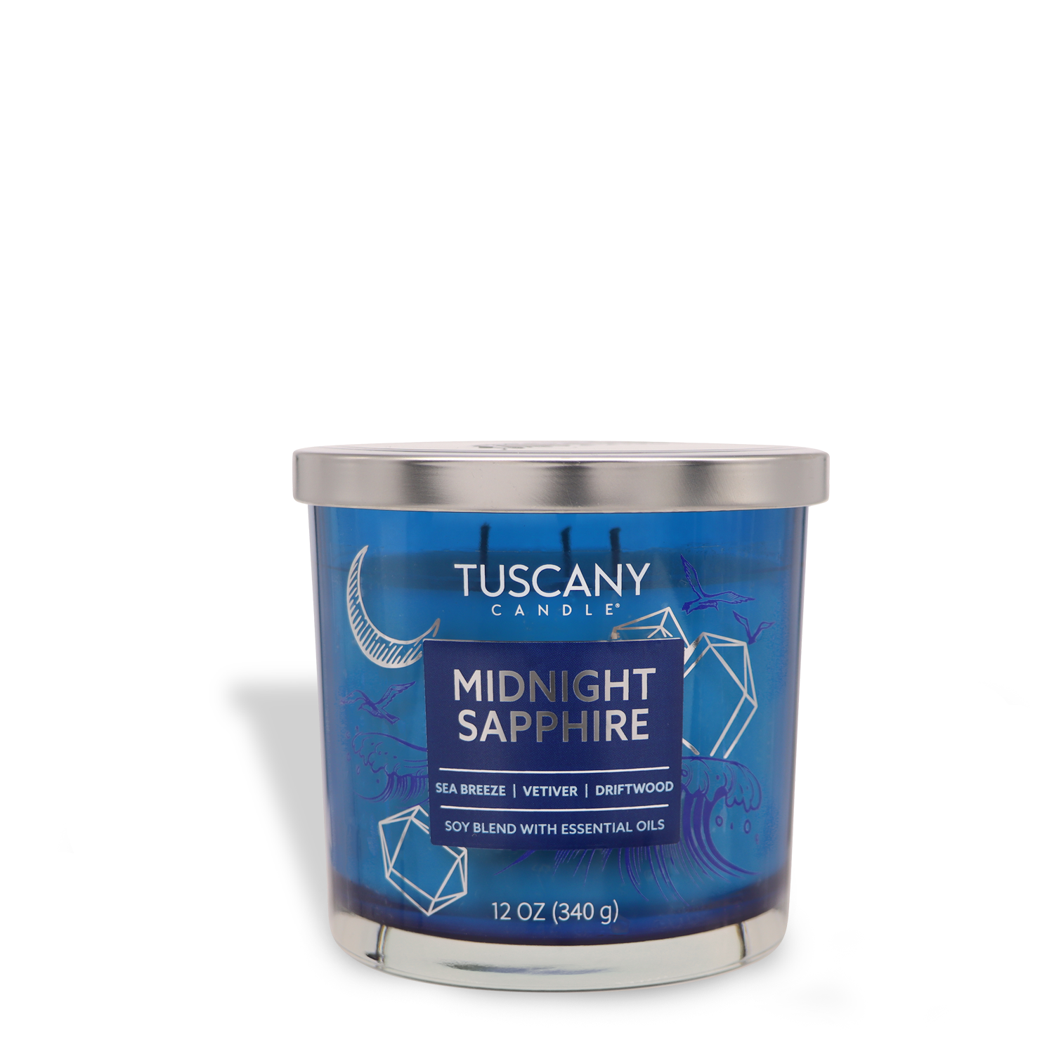 The Tuscany Candle® EVD "Midnight Sapphire" from the Painters' Palette Collection is a 12 oz jar candle with sea breeze, vetiver, and driftwood scents. It features a silver lid with essential oils and comes against a plain white background.