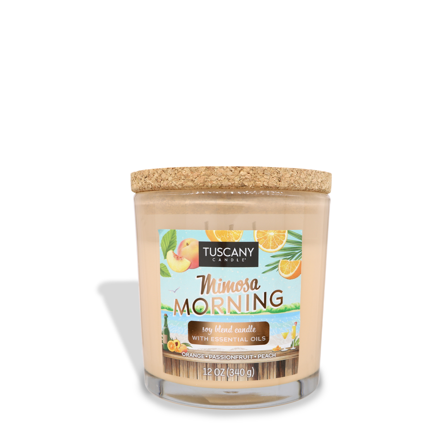 A 12 oz scented soy blend candle named "Mimosa Morning (12 oz) – Sunset Beach Bar Collection" by Tuscany Candle® SEASONAL, infused with essential oils of orange, passionfruit, and peach. It features a charming cork lid.