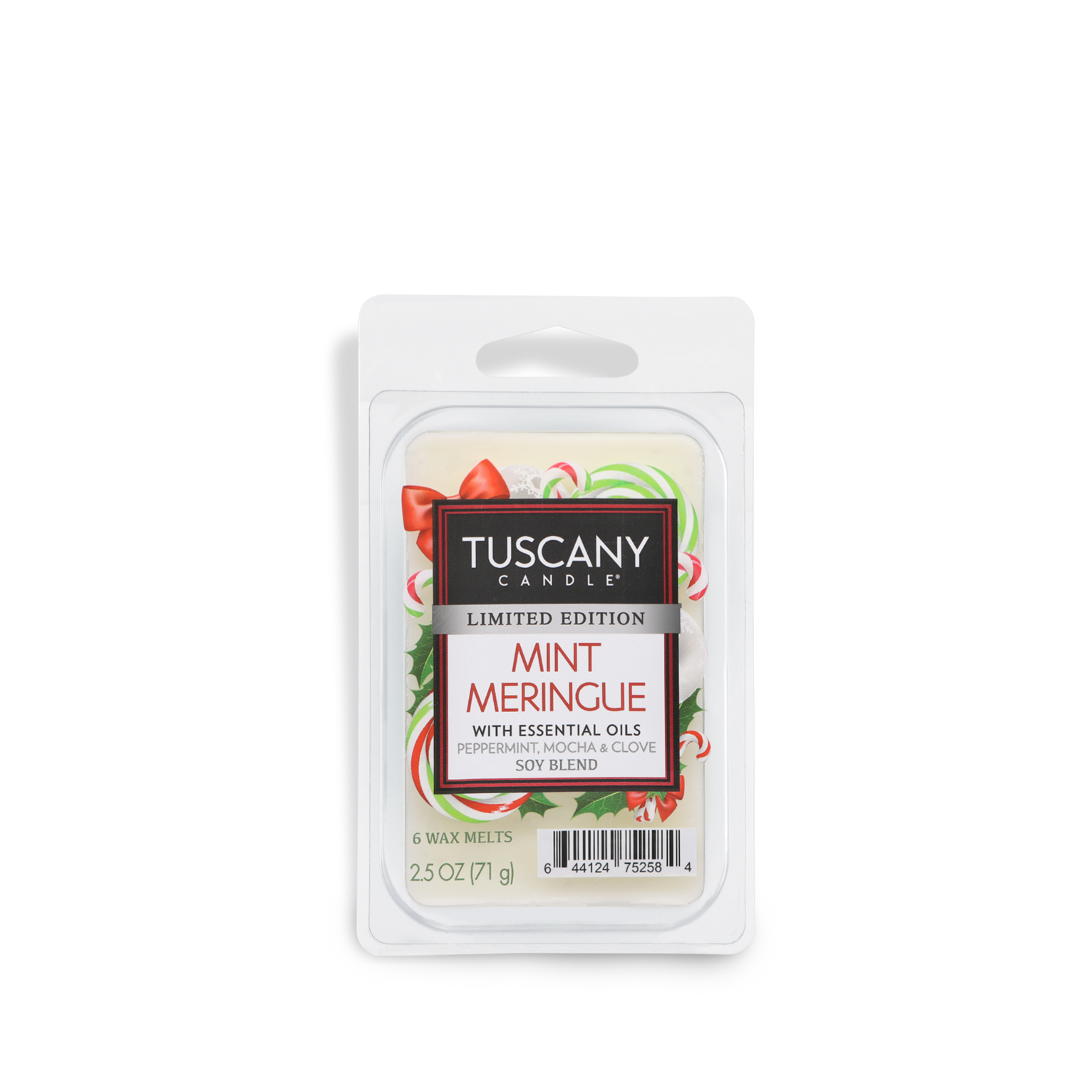 Introducing Tuscany Candle® SEASONAL's limited edition Mint Meringue Scented Wax Melts. Each pack contains six wax melts with a total weight of 2.5 oz (71 g).