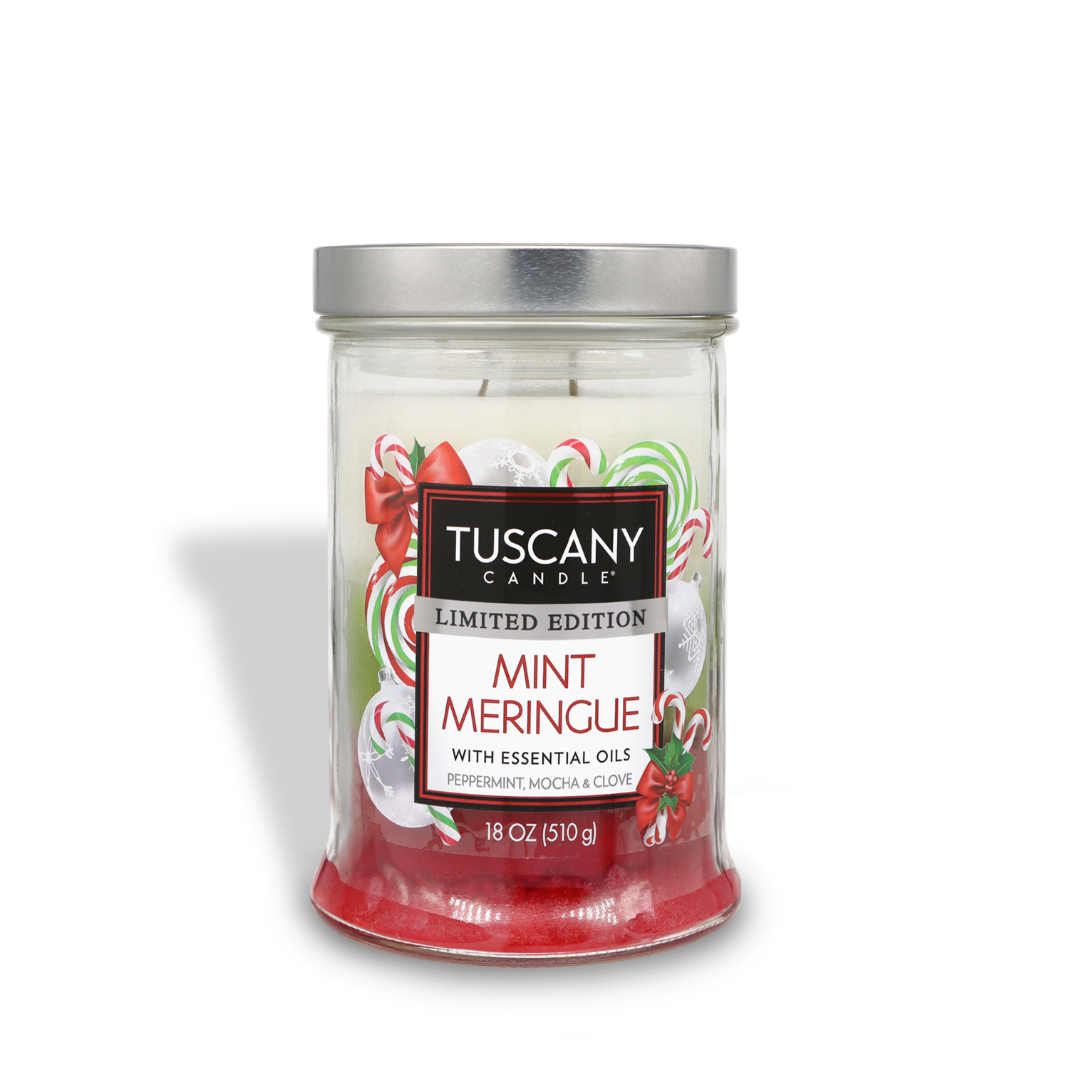 A jar candle named "Mint Meringue Long-Lasting Scented Jar Candle (18 oz)" by Tuscany Candle® SEASONAL, featuring a design with candy canes and peppermint. The candle contains essential oils of peppermint, mocha, and clove.