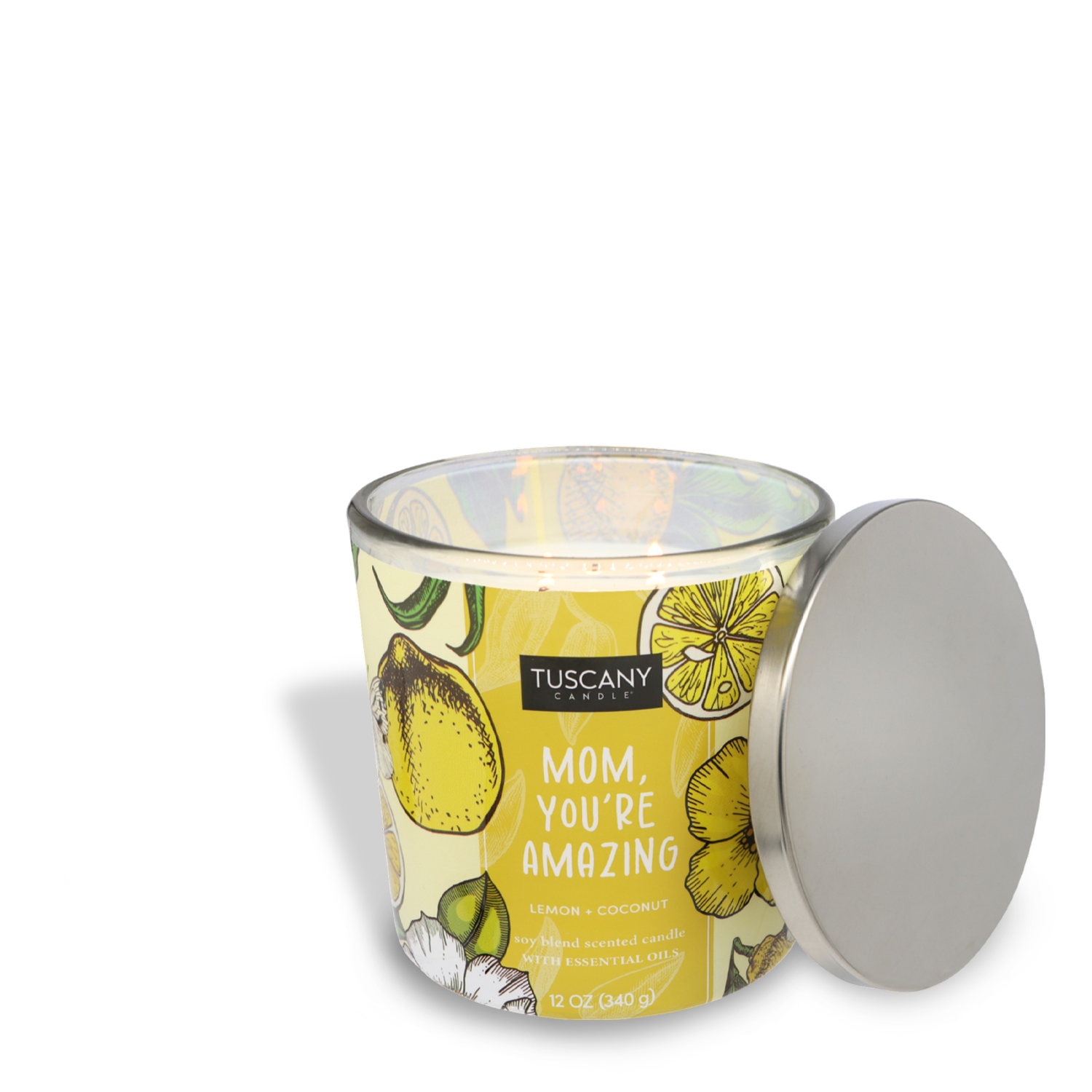 A scented candle labeled "Mom, You're Amazing (12 oz) – Mother's Day Collection" with lemon and coconut design and scent description, partially burned with a silver lid beside it.