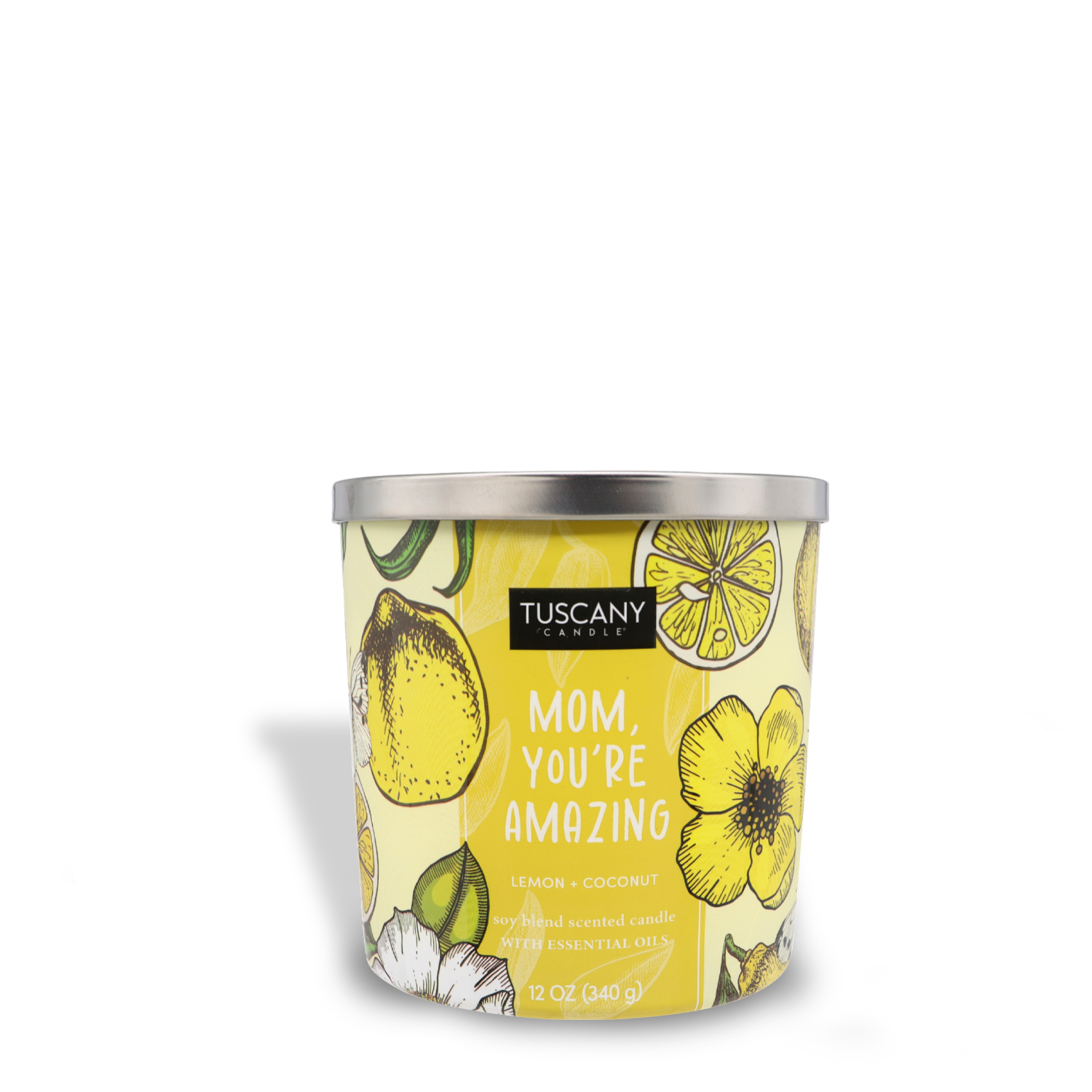 A candle labeled "Tuscany Candle® SEASONAL, Mom, You're Amazing (12 oz) – Mother's Day Collection, lemon + coconut" in a decorative container with lemon and flower illustrations.