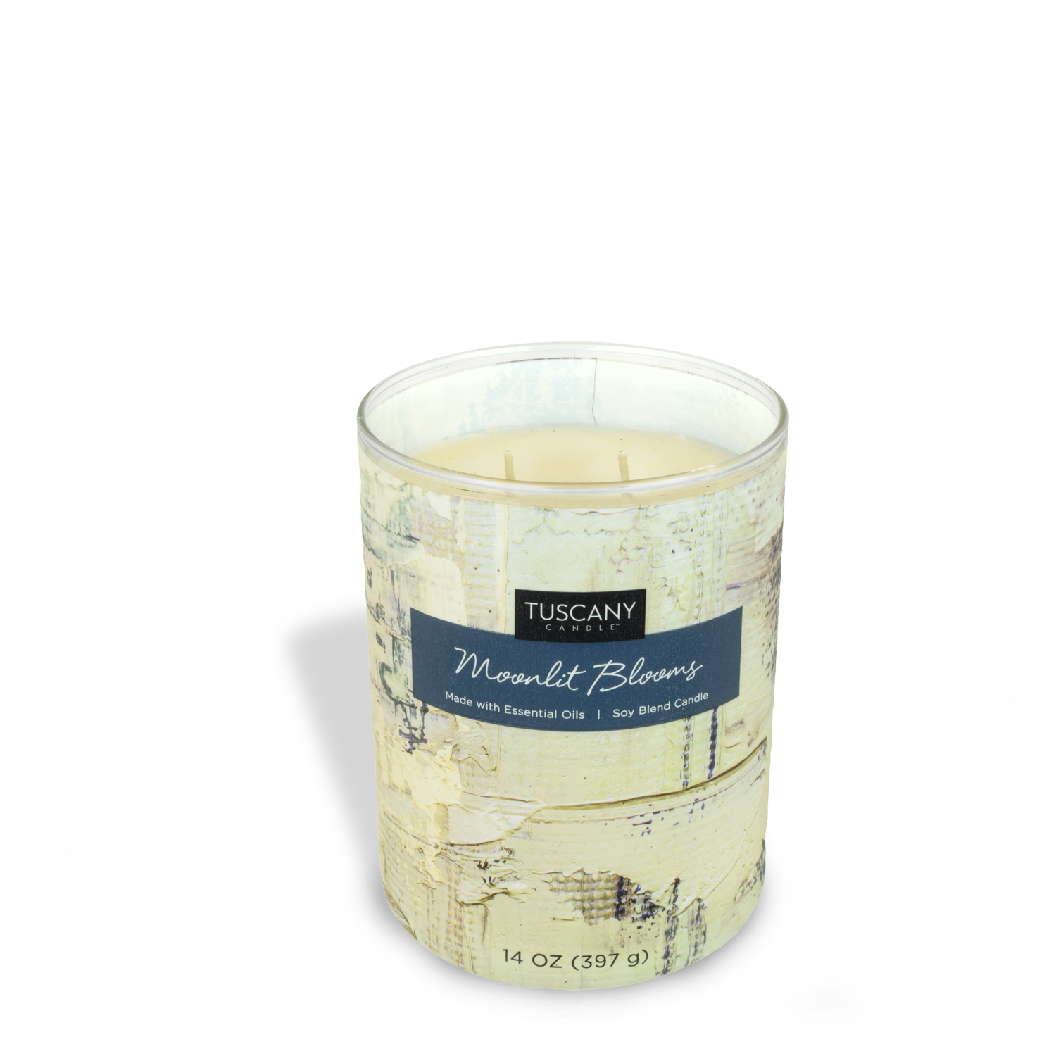 A Tuscany Candle jar with a Moonlit Blooms Scented Jar Candle (14 oz) from the Home Décor Collection, providing a fragrant ambiance to any home décor, all showcased on a clean white background.
