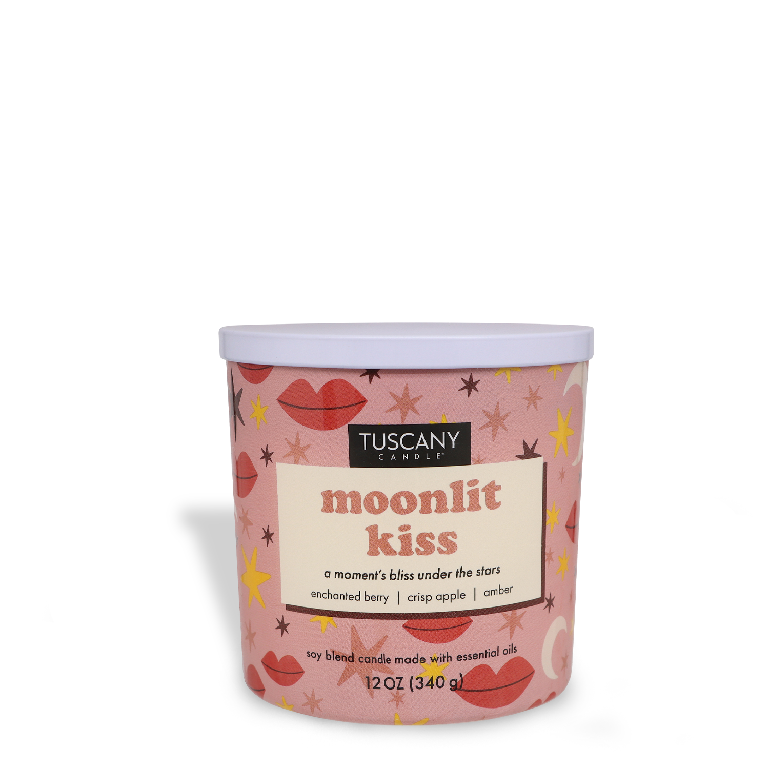 The Tuscany Candle® SEASONAL jar labeled "Moonlit Kiss" is a romantic candle showcasing a pink design with lips, stars, and moons. This 12 oz (340 g) scented candle features aroma notes of enchanted berry, crisp apple, and amber.