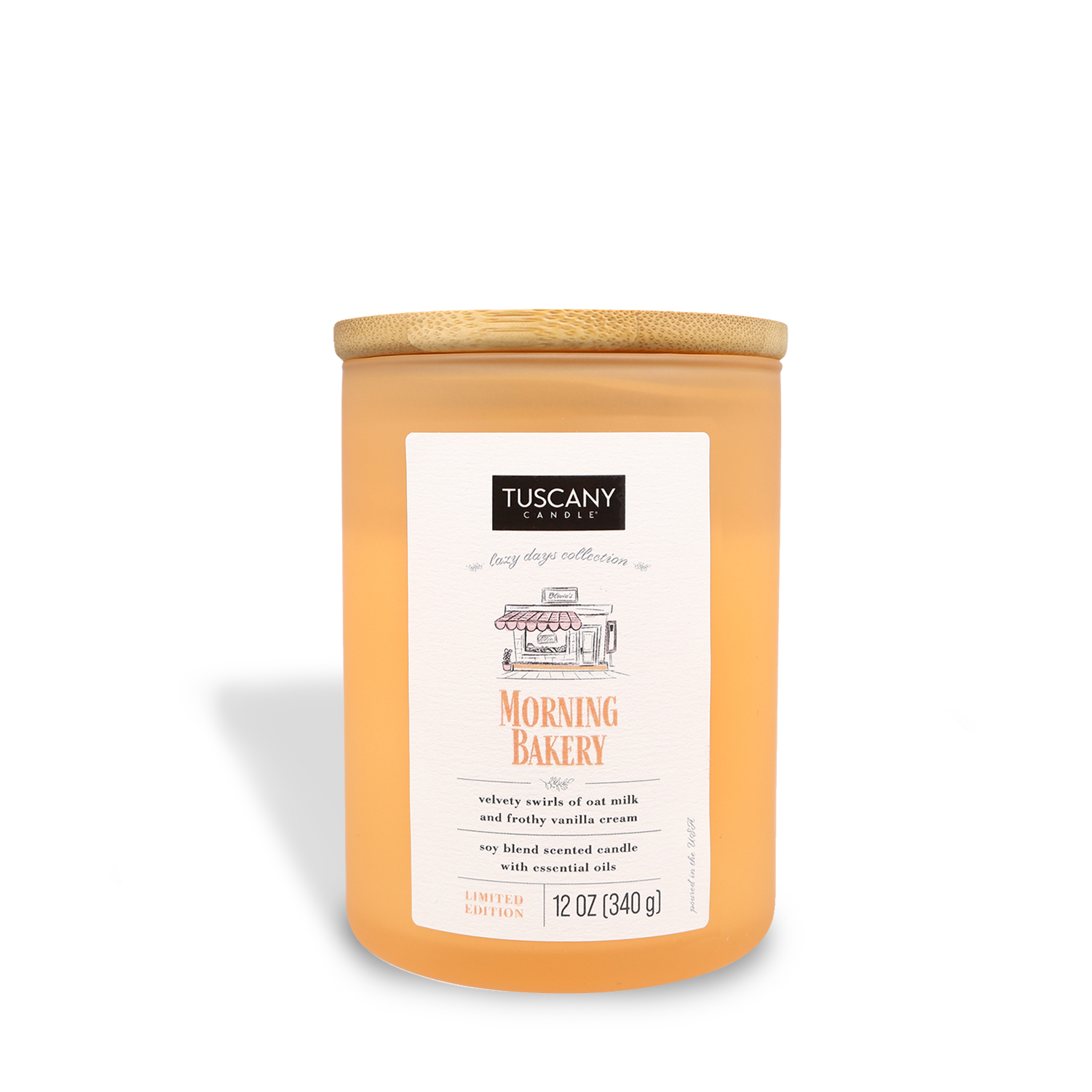 A jar of "Morning Bakery" scented candle with a beige label on a white background.