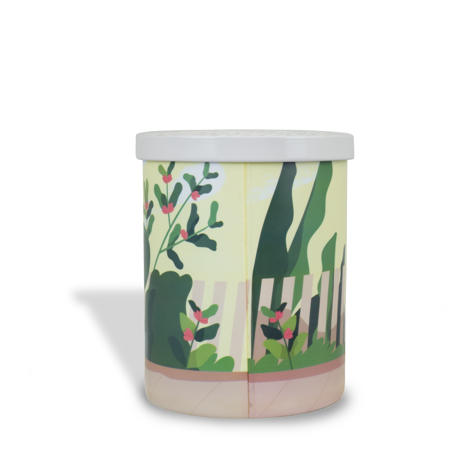 A white trash can with a garden design on it, perfect for morning walks with your dog and to mask any unpleasant pet odor is the Morning Stroll Scented Jar Candle (14 oz) from the Tuscany Candle Pet Odor Control Collection.