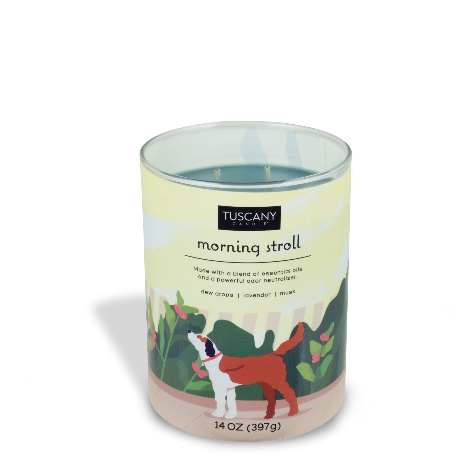A Morning Stroll scented candle from Tuscany Candle with an image of a dog on it for neutralizing pet odors.