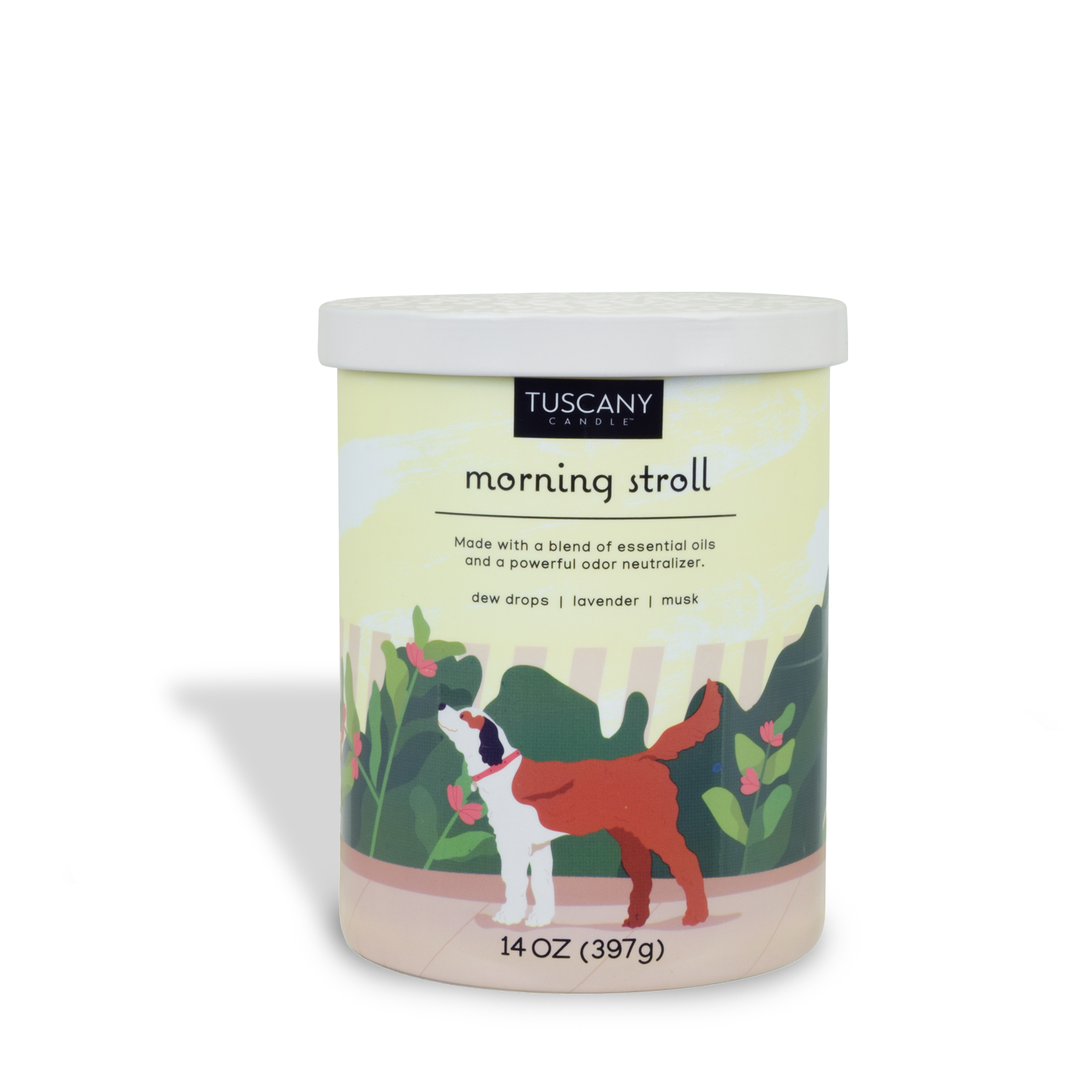 A Morning Stroll Scented Jar Candle (14 oz) - Pet Odor Control Collection by Tuscany Candle with a dog on it.