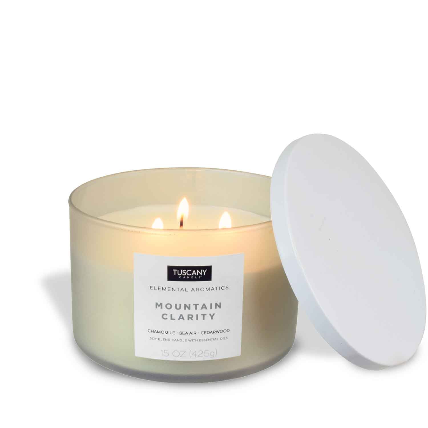 A Mountain Clarity scented jar candle with a white lid on a white background, promoting tranquility and well-being - Tuscany Candle