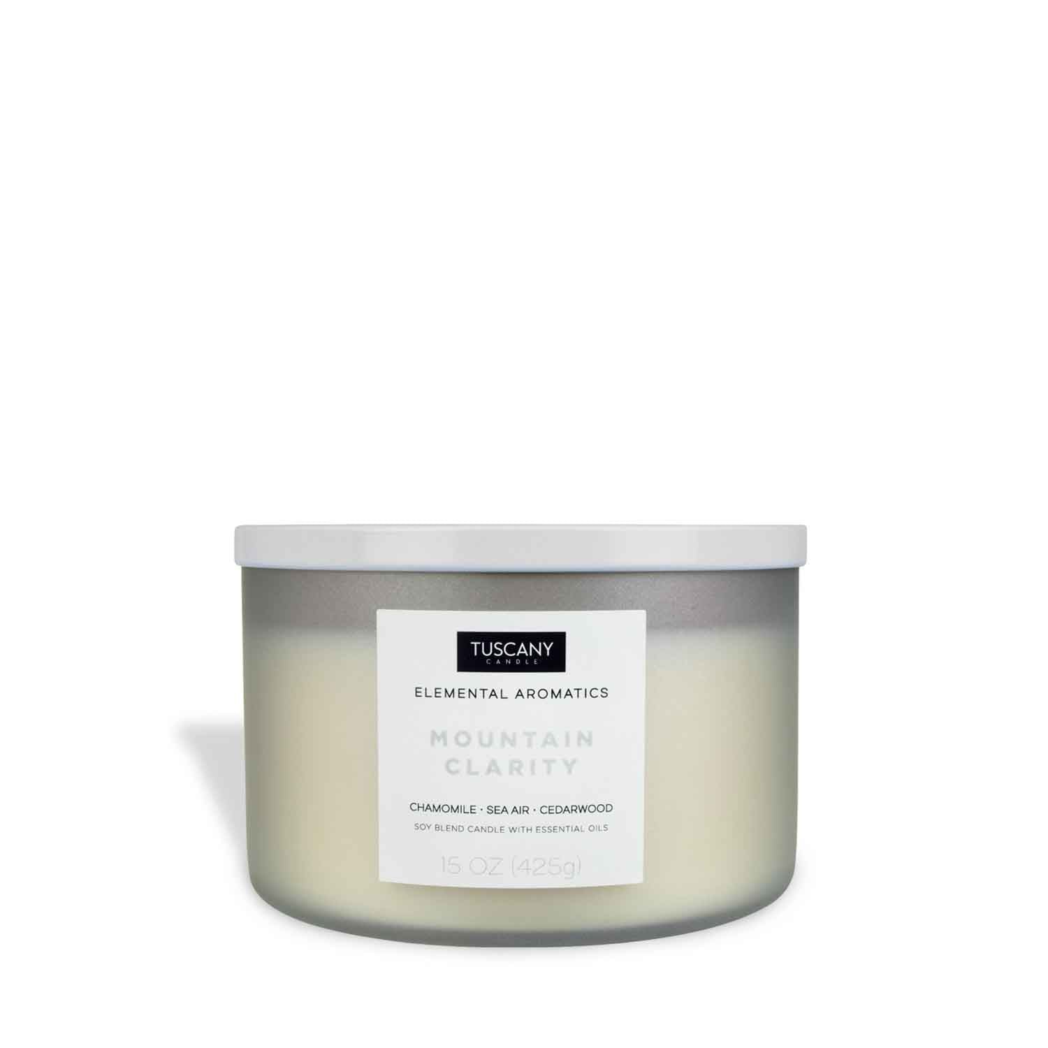 A Mountain Clarity scented candle in a white container, exuding tranquility and enhancing well-being, set against a serene white background.