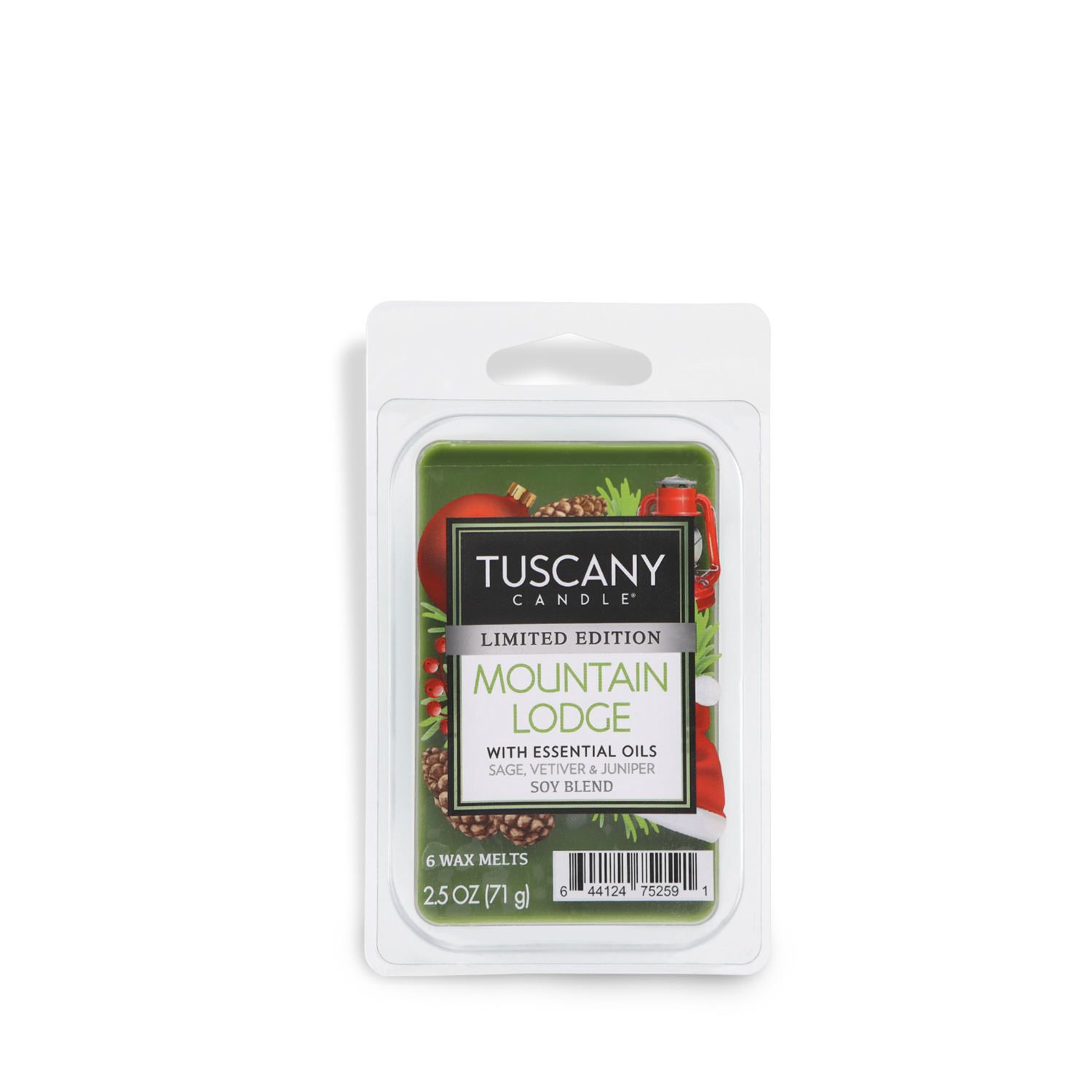 A pack of Tuscany Candle® SEASONAL Mountain Lodge Scented Wax Melt, featuring sage, vetiver, and juniper essential oils. The pack includes six melts with a total weight of 2.5 oz (71 g).