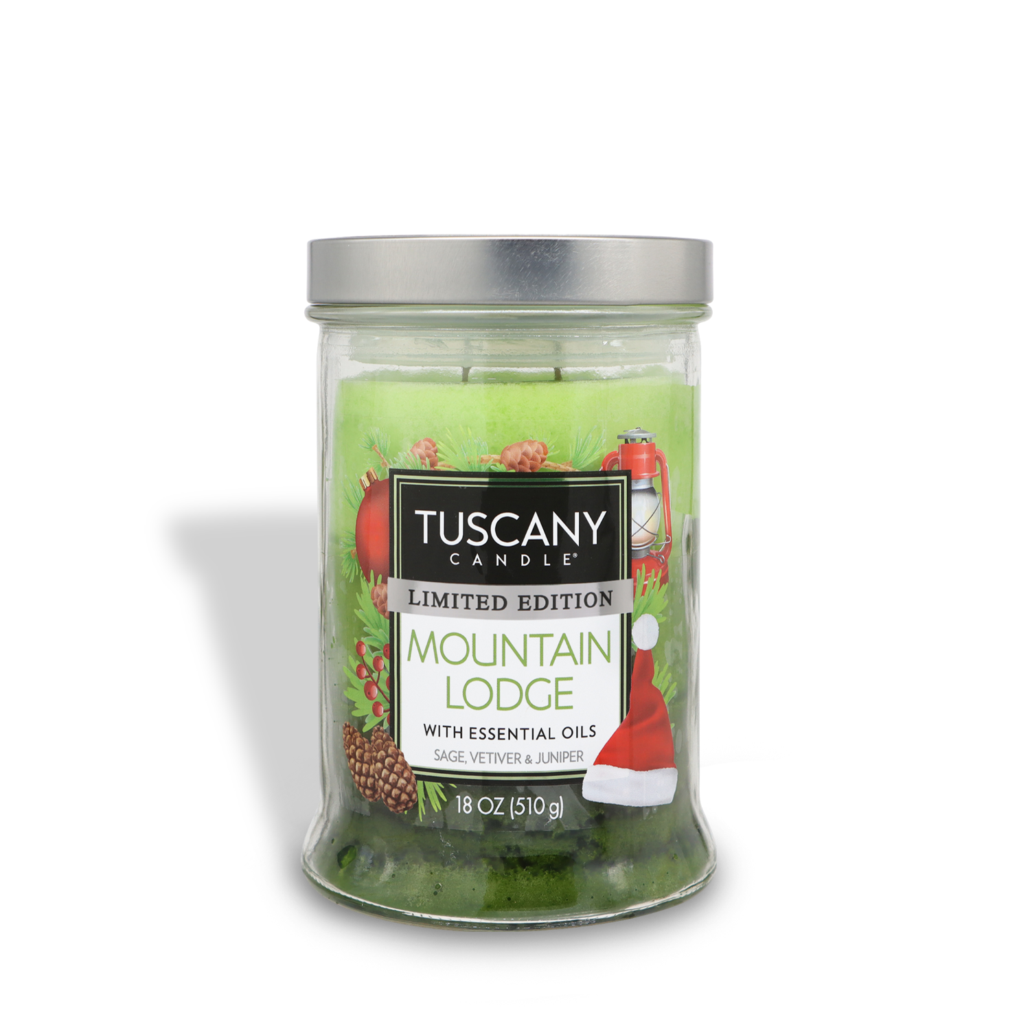 A Tuscany Candle® SEASONAL Mountain Lodge Long-Lasting Scented Jar Candle (18 oz) with green wax and festive holiday-themed packaging features essential oils of sage, vetiver, and juniper.