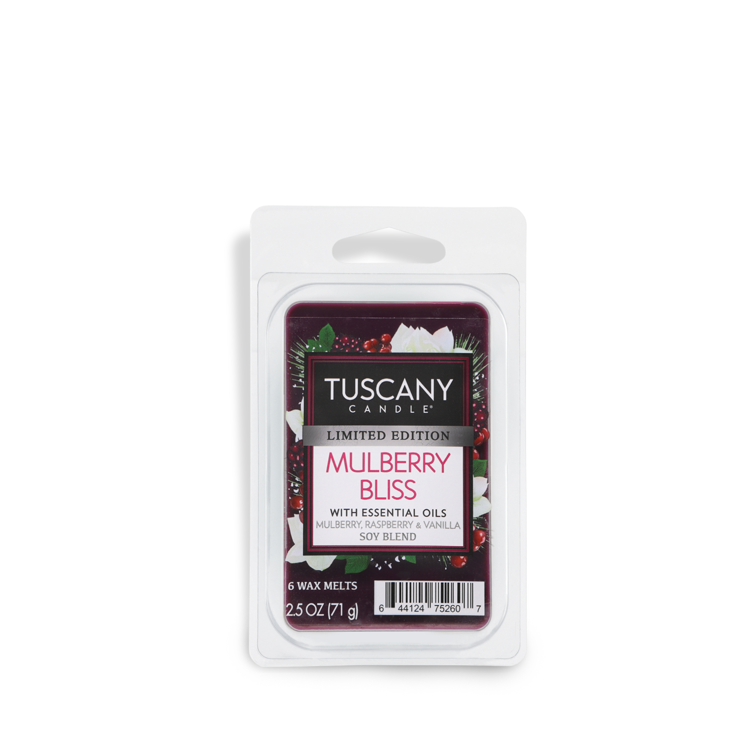 Tuscany Candle® SEASONAL Mulberry Bliss Scented Wax Melt in a limited edition, features essential oils and comes in a pack of six melts with a total weight of 2.5 oz (71g).