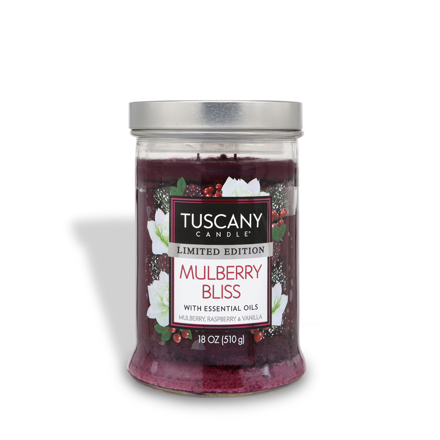 The Tuscany Candle® SEASONAL "Mulberry Bliss Long-Lasting Scented Jar Candle" features an 18 oz (510g) deep red candle with a silver lid. Advertised as a limited edition, it includes essential oils of mulberry, raspberry, and vanilla.