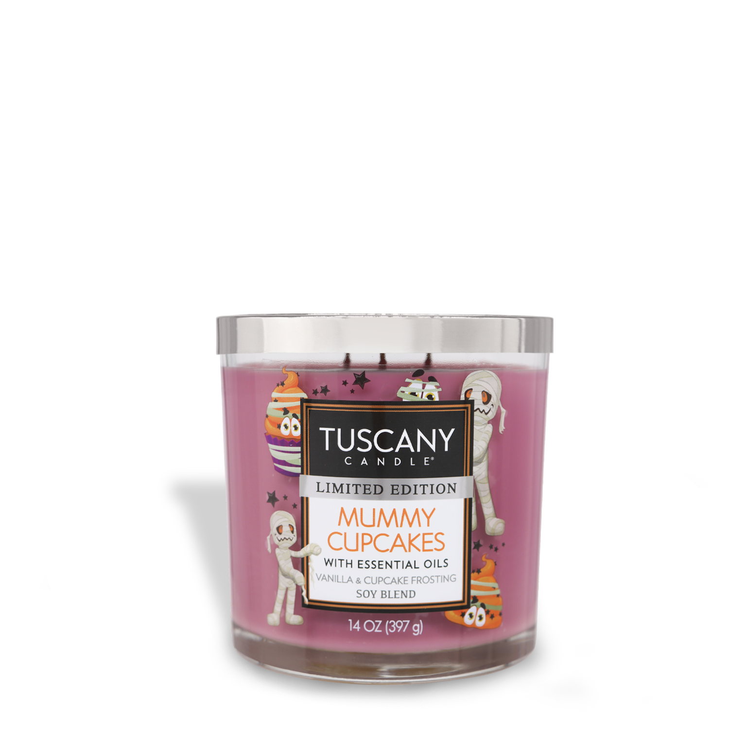 A 14 oz Tuscany Candle® SEASONAL labeled "Mummy Cupcakes Long-Lasting Scented Jar Candle (14 oz)" with fragrance notes of vanilla and cupcake frosting. This scented jar candle features cartoon mummy cupcakes on the jar, and the premium satin wax is a delightful pink.