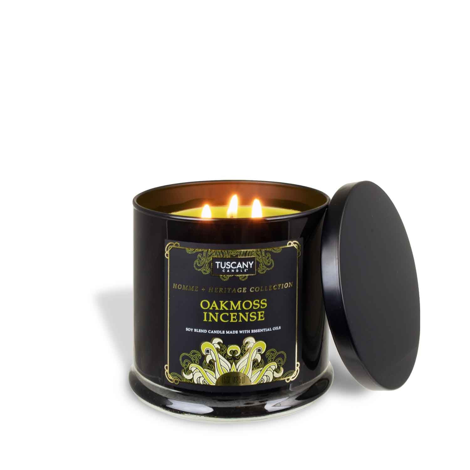 An Oakmoss Incense Scented Jar Candle (15 oz) from Tuscany Candle in a black tin on a white background.
