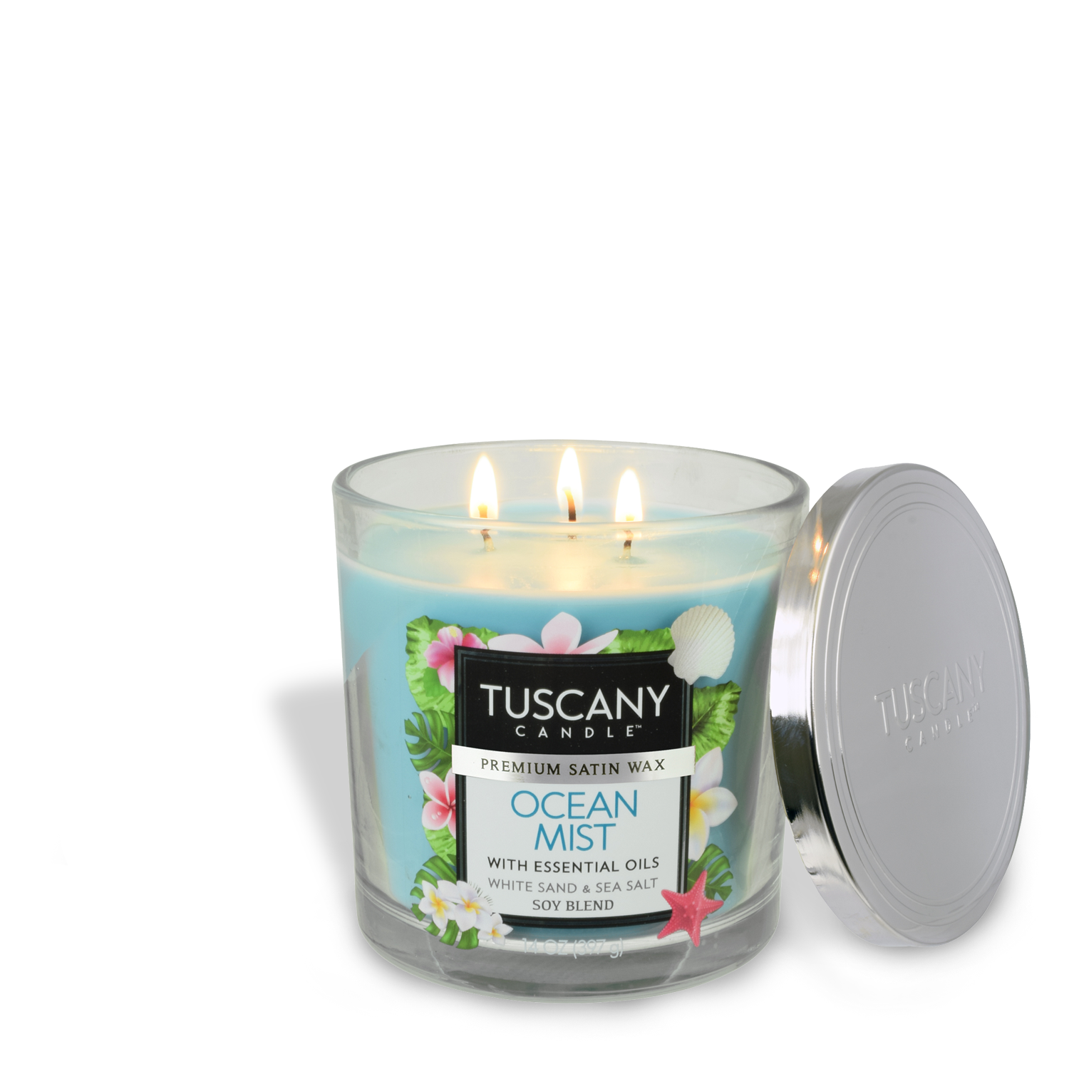 Tuscany Candle's Ocean Mist Long-Lasting Scented Jar Candle (14 oz) in a glass vessel with essential oils for a soothing fragrance.