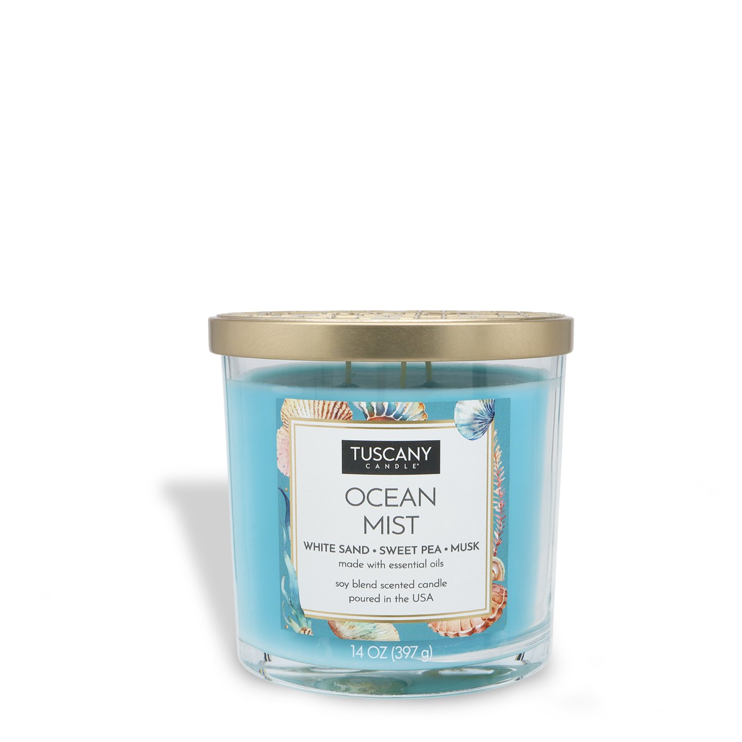 The Tuscany Candle® EVD Ocean Mist Long-Lasting Scented Jar Candle (14 oz) offers a refreshing blend of white sand, sweet pea, musk, and sea salt for an invigorating fragrance experience.