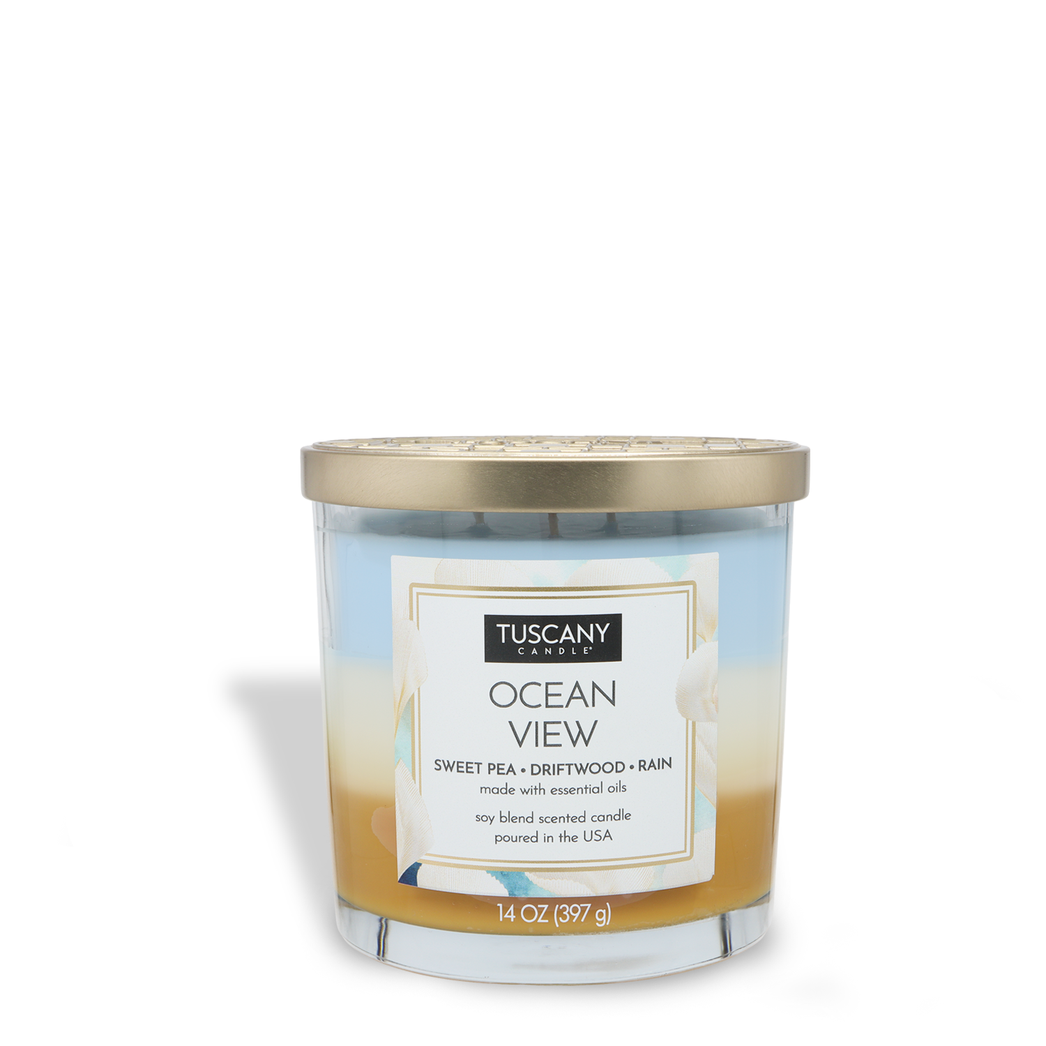 The Tuscany Candle® EVD Ocean View Long-Lasting Scented Jar Candle (14 oz) features sweet pea, driftwood, and rain scents in a triple-poured glass jar with a gold lid.