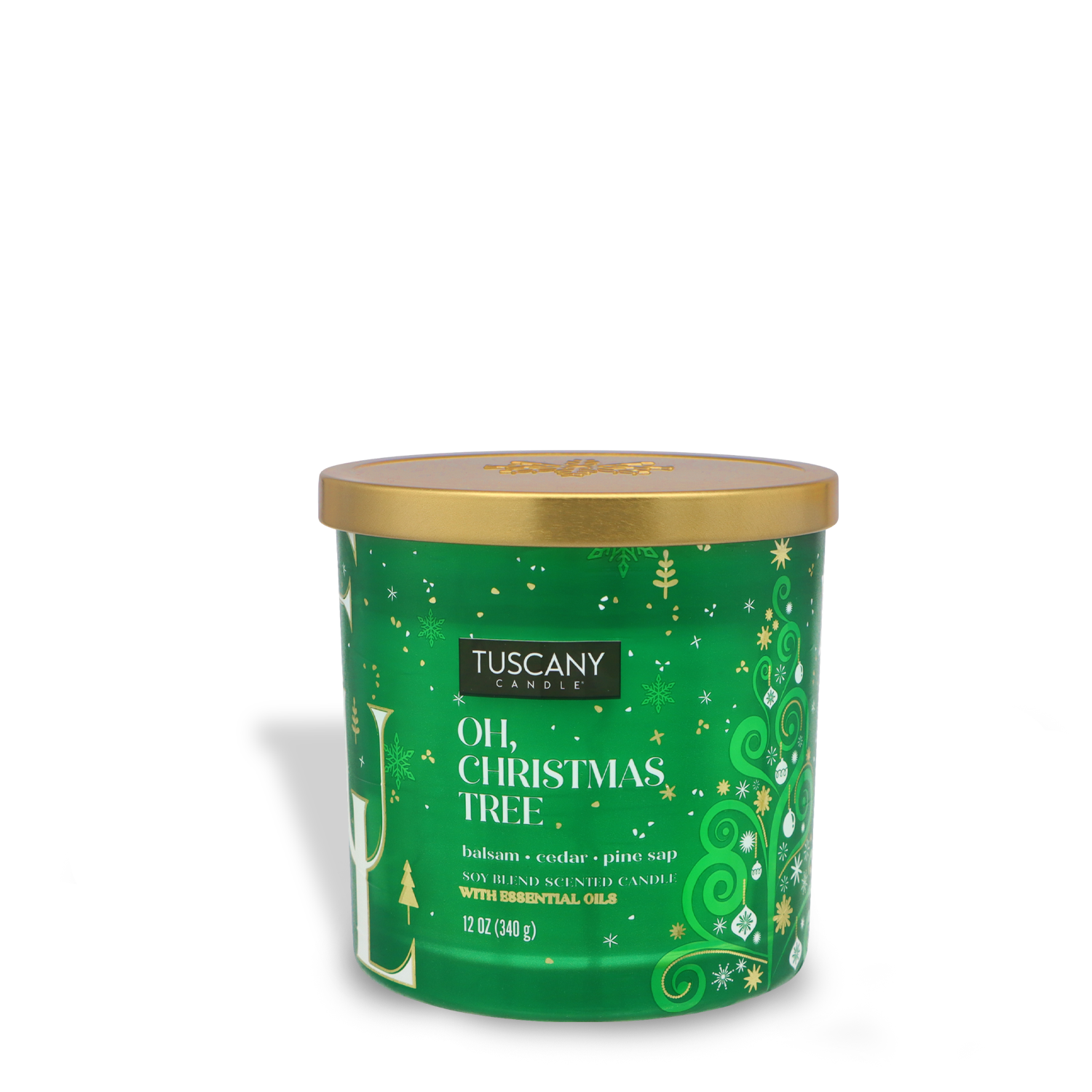 The Tuscany Candle® SEASONAL "Oh, Christmas Tree" Scented Jar Candle (12 oz) comes with a gold lid and features holiday designs. It fills the air with the scents of balsam, cedar, and pine sap.