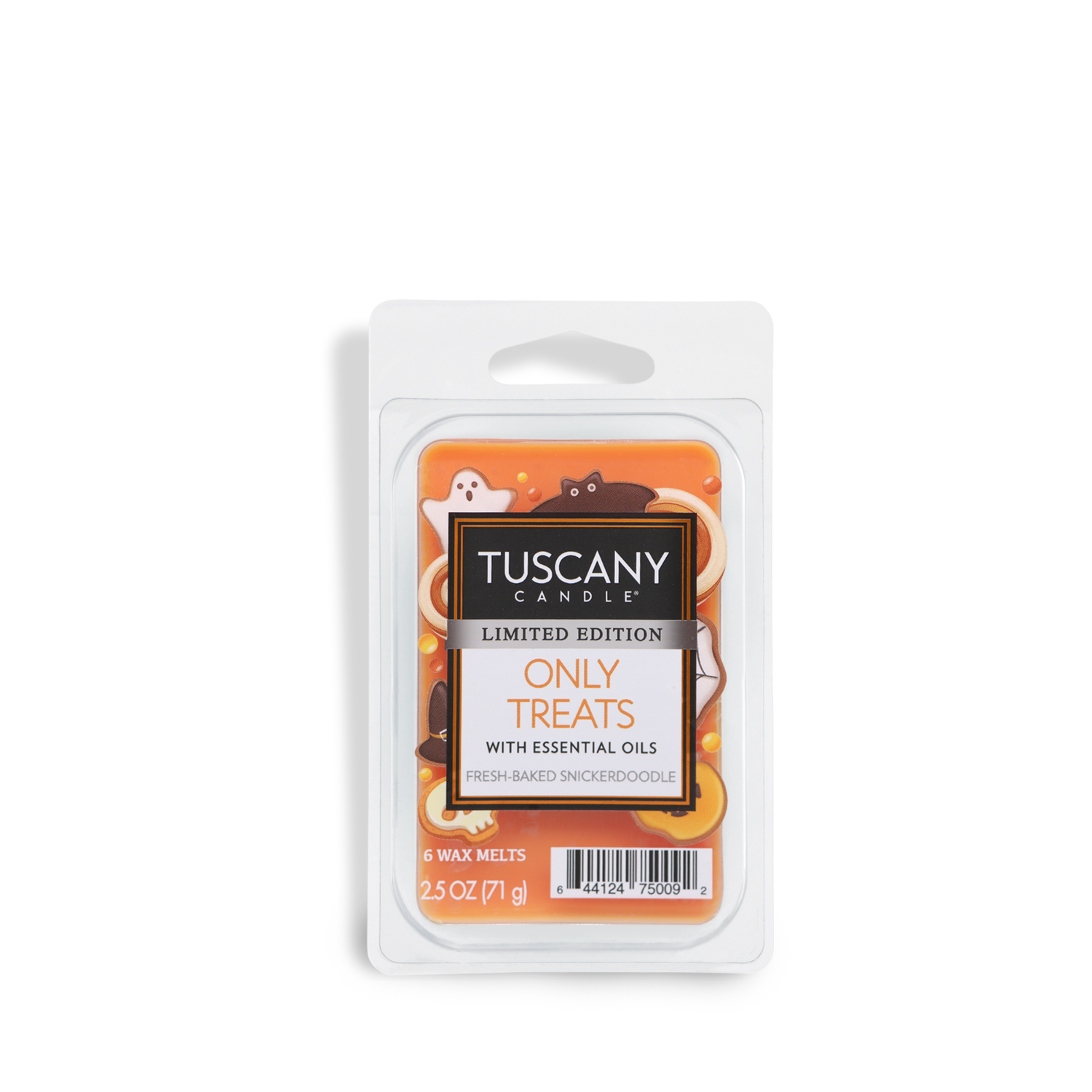 A package of Tuscany Candle® SEASONAL Only Treats Scented Wax Melt (2.5 oz) labeled "Only Treats," featuring a fresh-baked snickerdoodle scent and decorated with Halloween-themed illustrations.