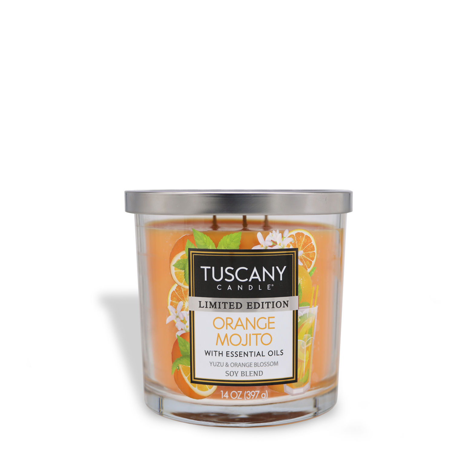 Tuscany Candle® SEASONAL Limited Edition 14 oz Orange Mojito Spring Candle features bergamot, yuzu, and orange blossom essential oils in a clear jar with a silver lid.