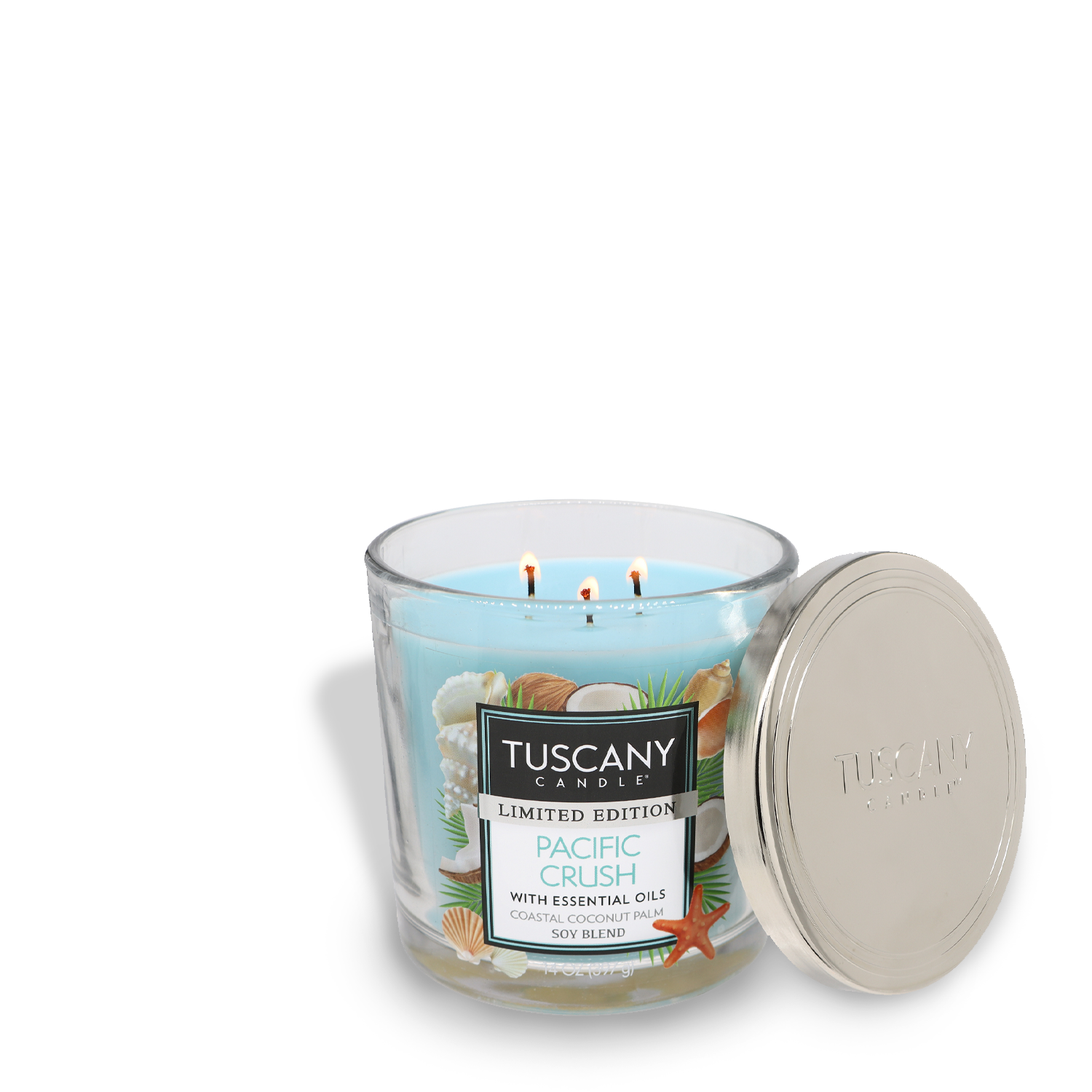 A Pacific Crush Long-Lasting Scented Jar Candle by Tuscany Candle® SEASONAL, with a 'pacific crush' fragrance, displayed with its lid off to the side.