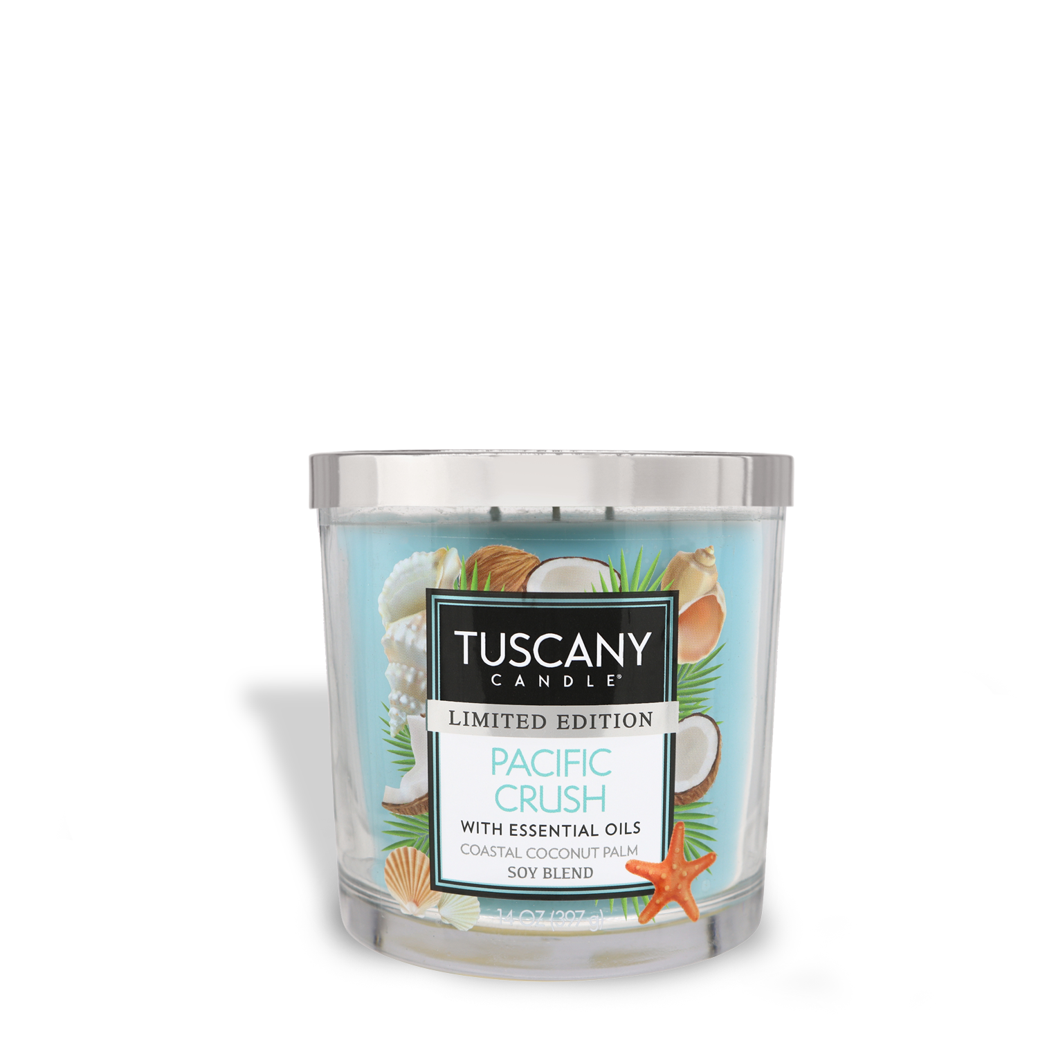 A Tuscany Candle® SEASONAL Pacific Crush Long-Lasting Scented Jar Candle (14 oz) with essential oils, soy coconut palm wax blend.