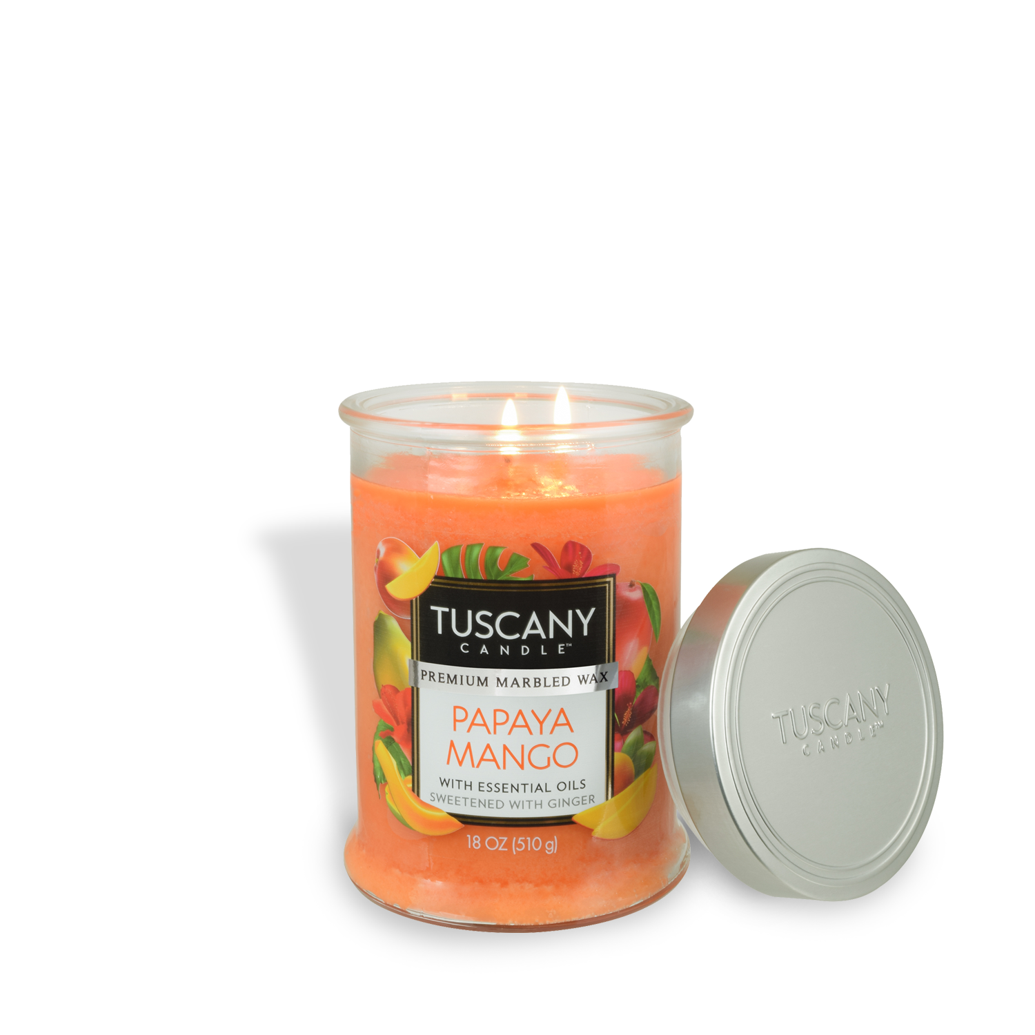 An 18 oz Tuscany Candle® EVD from the "Papaya Mango" collection sits in a glass jar with its lid beside it, revealing vibrant marbled orange wax.