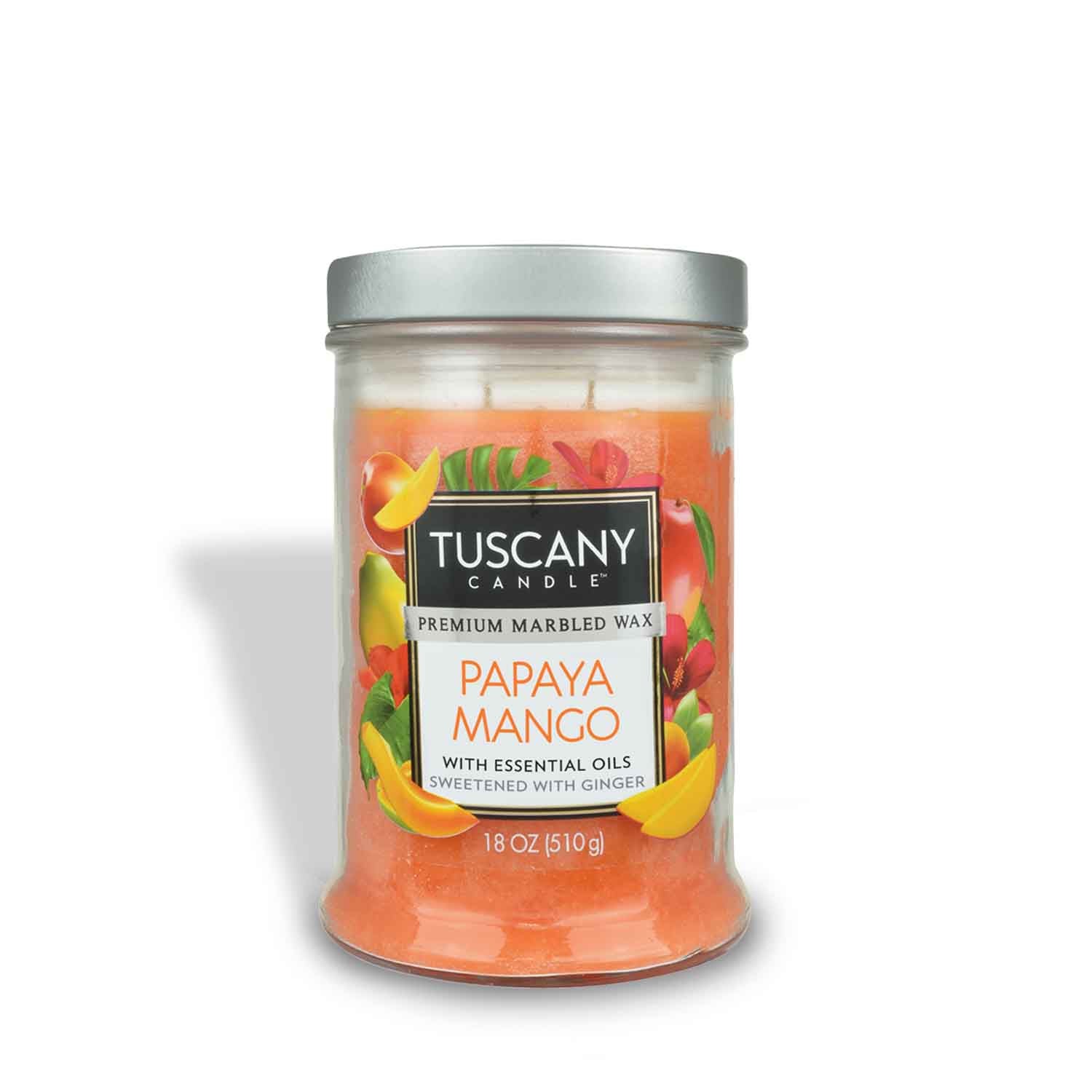 An 18 oz jar candle from Tuscany Candle® EVD, named "Papaya Mango," features a premium marbled orange wax with essential oils and ginger, adorned with illustrated fruit on the label for a long-lasting scent.