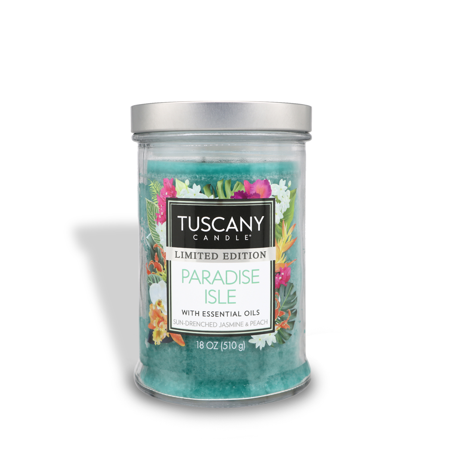 Experience Paradise Isle Long-Lasting Scented Jar Candle (18 oz) by Tuscany Candle® SEASONAL, creating a sensory journey to a tropical haven.