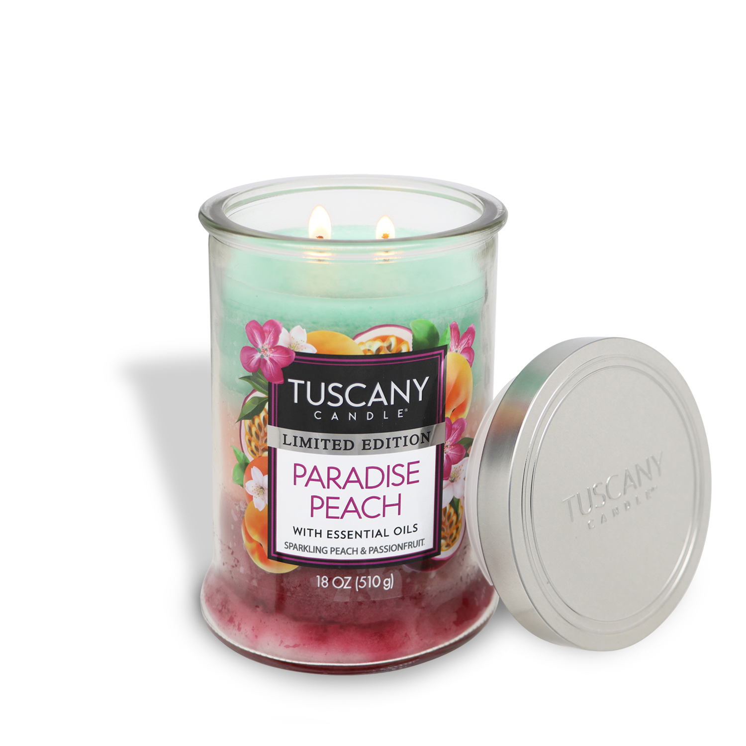 The Tuscany Candle® SEASONAL Paradise Peach: Passionfruit & Peach Scented Summer Candle (18 oz) features dual wicks, colorful wax layers, and a silver lid—perfect for adding a delightful fruity fragrance to your summer space.