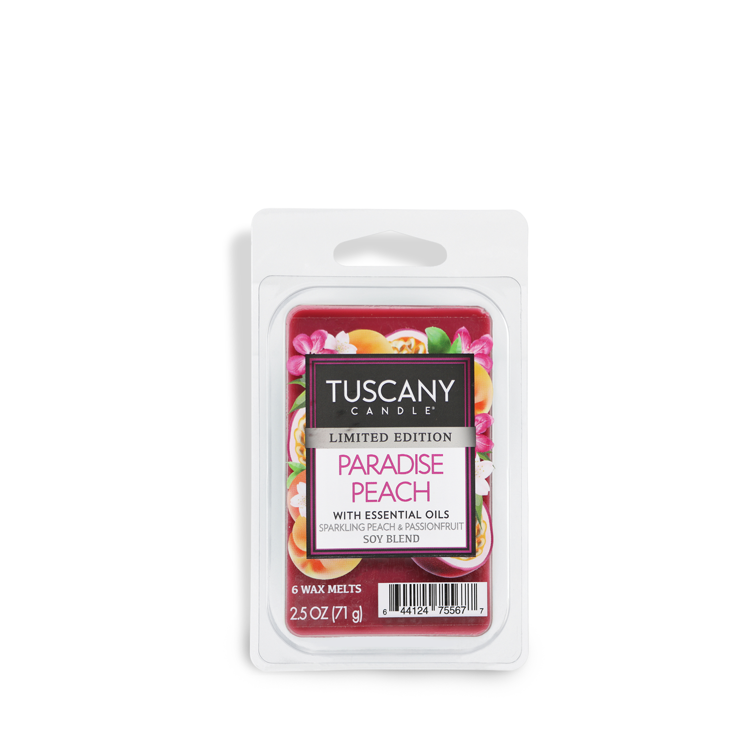 The Tuscany Candle® SEASONAL Paradise Peach wax melt (2.5 oz) features a colorful floral design with essential oils and a soy blend, offering a passionfruit and peach scented summer fragrance.