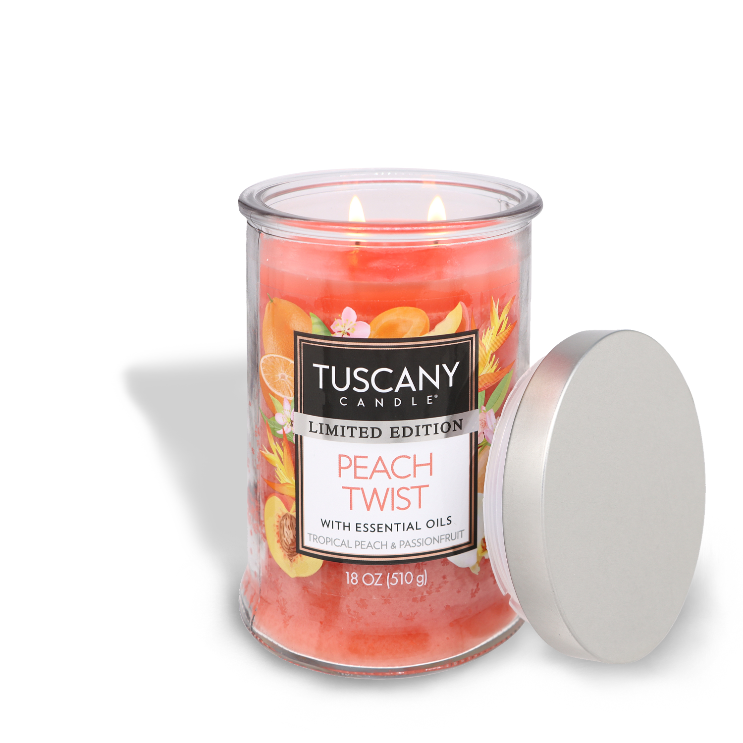 Explore the summer adventure of Tuscany with its Peach Twist Long-Lasting Scented Jar Candle (18 oz) by Tuscany Candle® SEASONAL.
